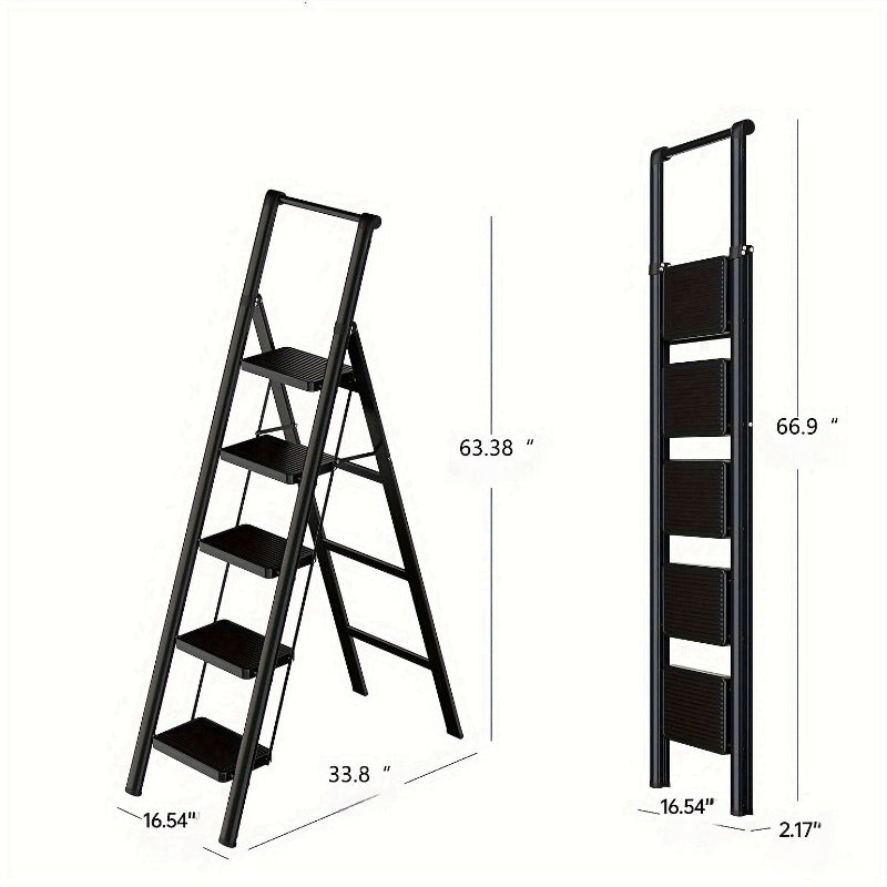 5-Step Ladder Folding Step Stool with Anti Slip Wide Pedals--Black