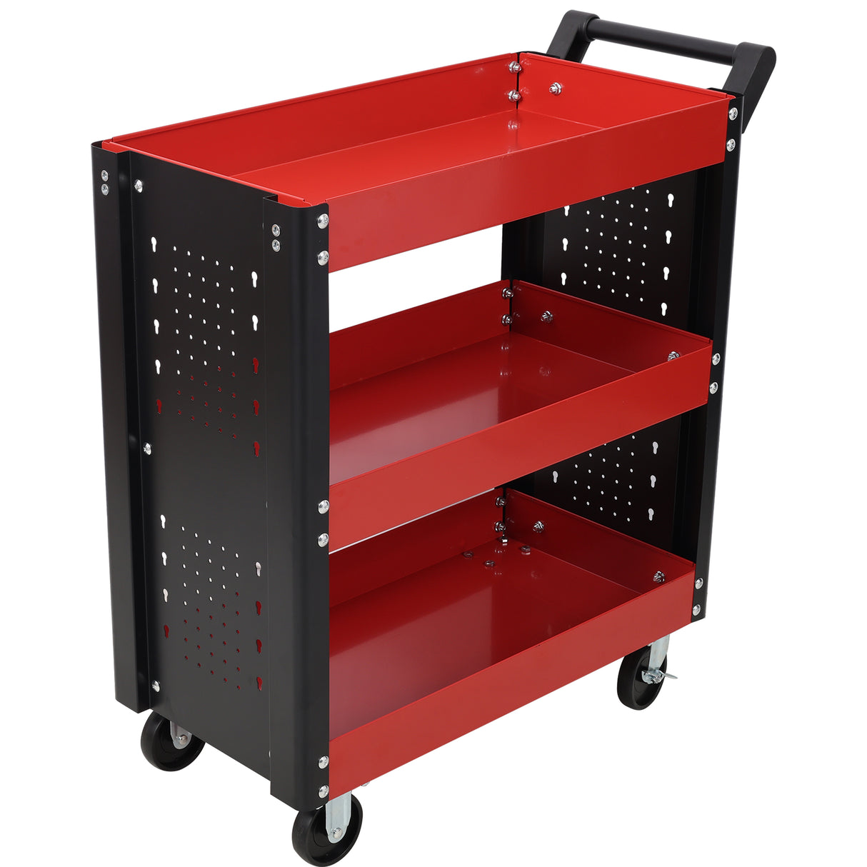 3 Tier Rolling Tool Cart on Wheels with Pegboard Heavy Duty Utility--Red