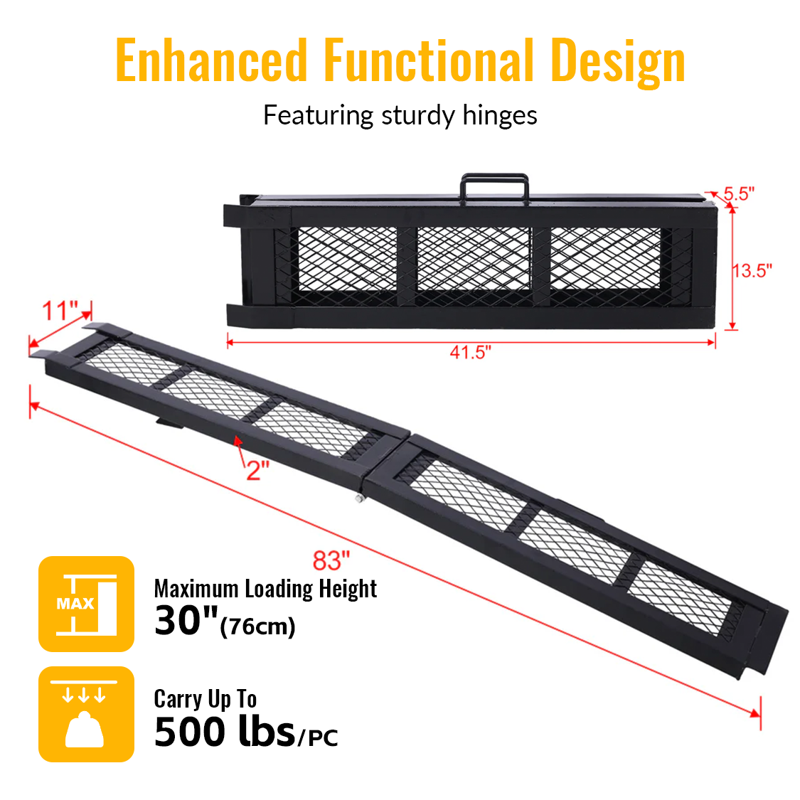 80" Rampa de carregamento em aço com capacidade para 227 kg (500 lbs), portátil e dobrável para motocicletas e quadriciclos.