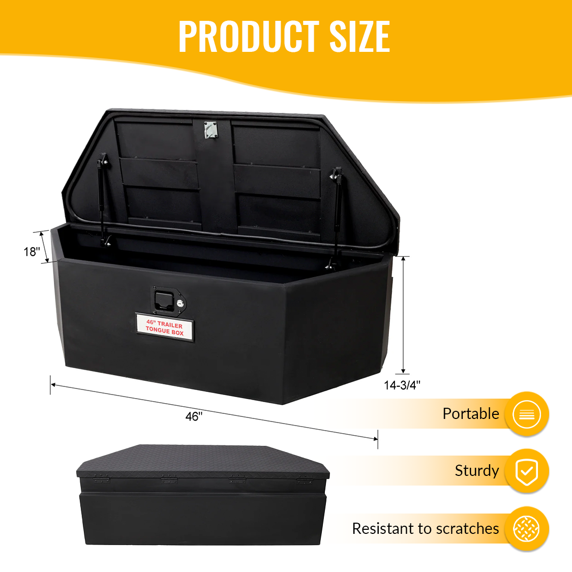 46“X18”X14.5“ Trailer Tongue Box with Lock and Keys Heavy Duty Steel 6.7 CUFT Capacity--Black