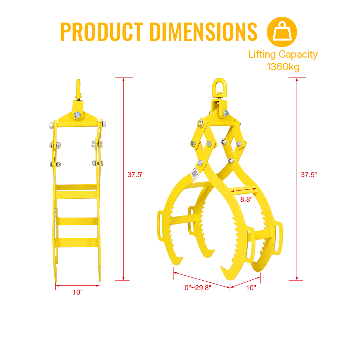 4 Claw Timber Log Lifting Logging Tongs Grabber Tong 28" Heavy Duty Solid Steel