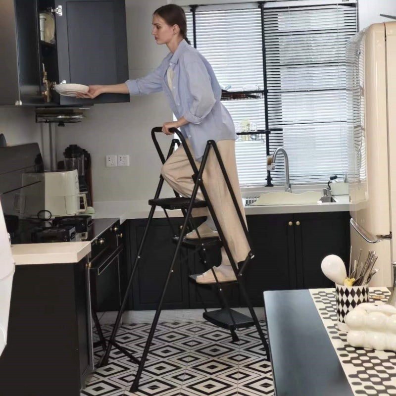 Four Step Ladder Folding Stool Wide Anti Slip Pedal Steel--Black