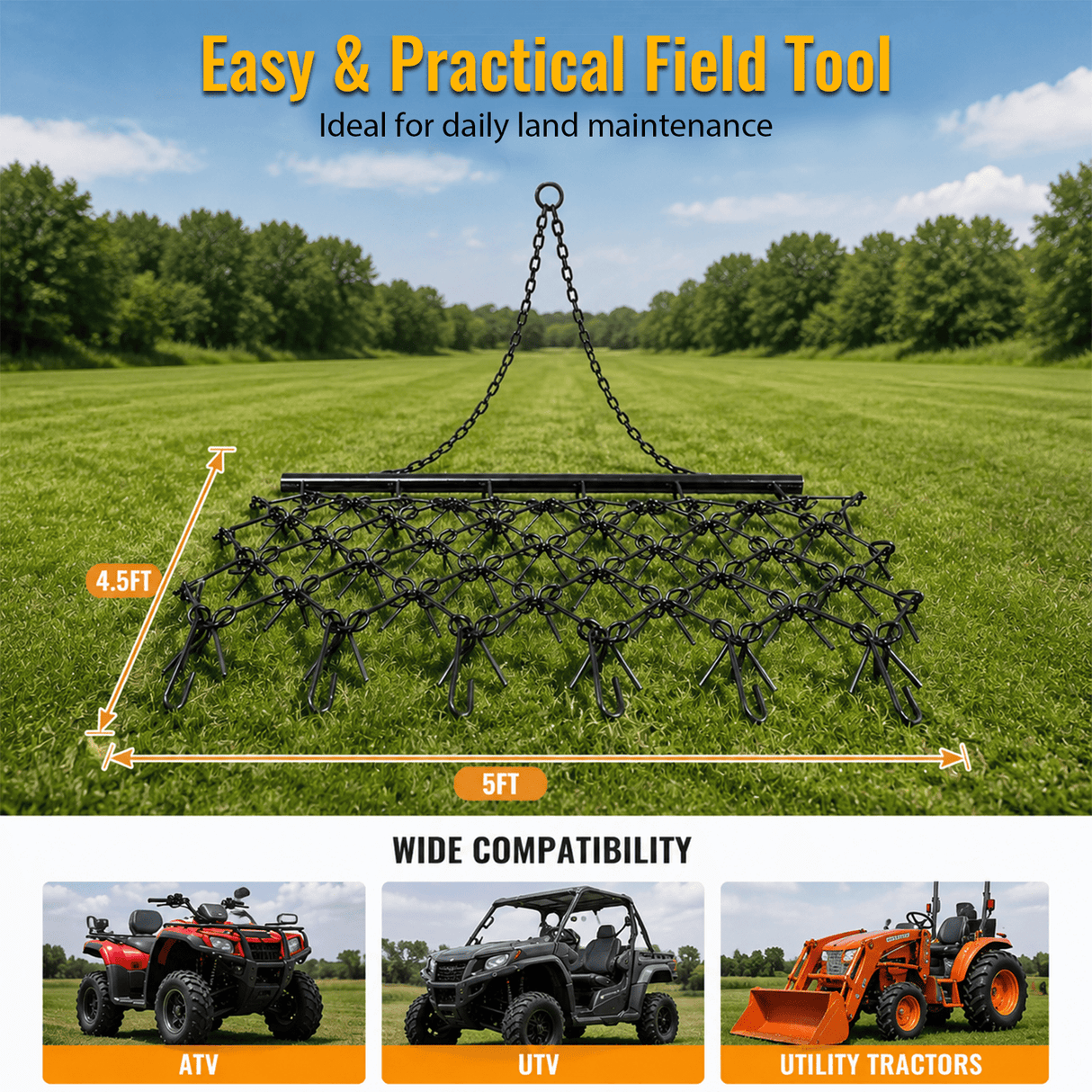 5FTX4.5FT Heavy-Duty Steel Drag Harrow Field Leveling Chain Rake for ATV UTV Compact Utility Tractor - Fab Heavy Parts