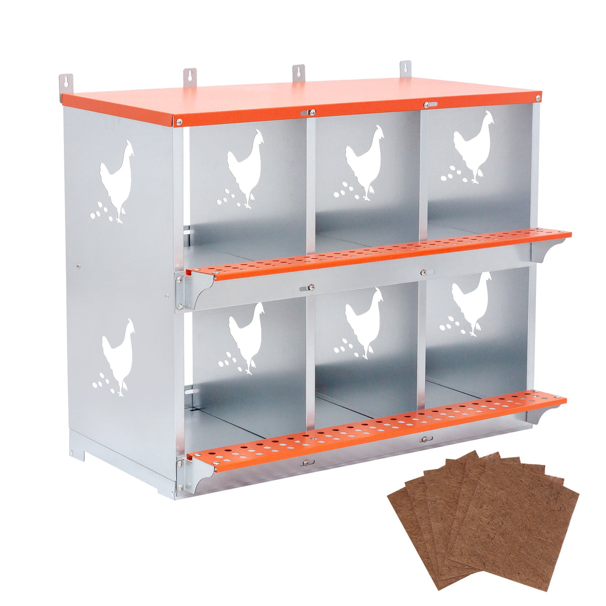 6 - Bay Metal Chicken Nesting Box Wall Mount Easy Egg Collection Vented Galvanized Steel - Orange - Fab Heavy Parts