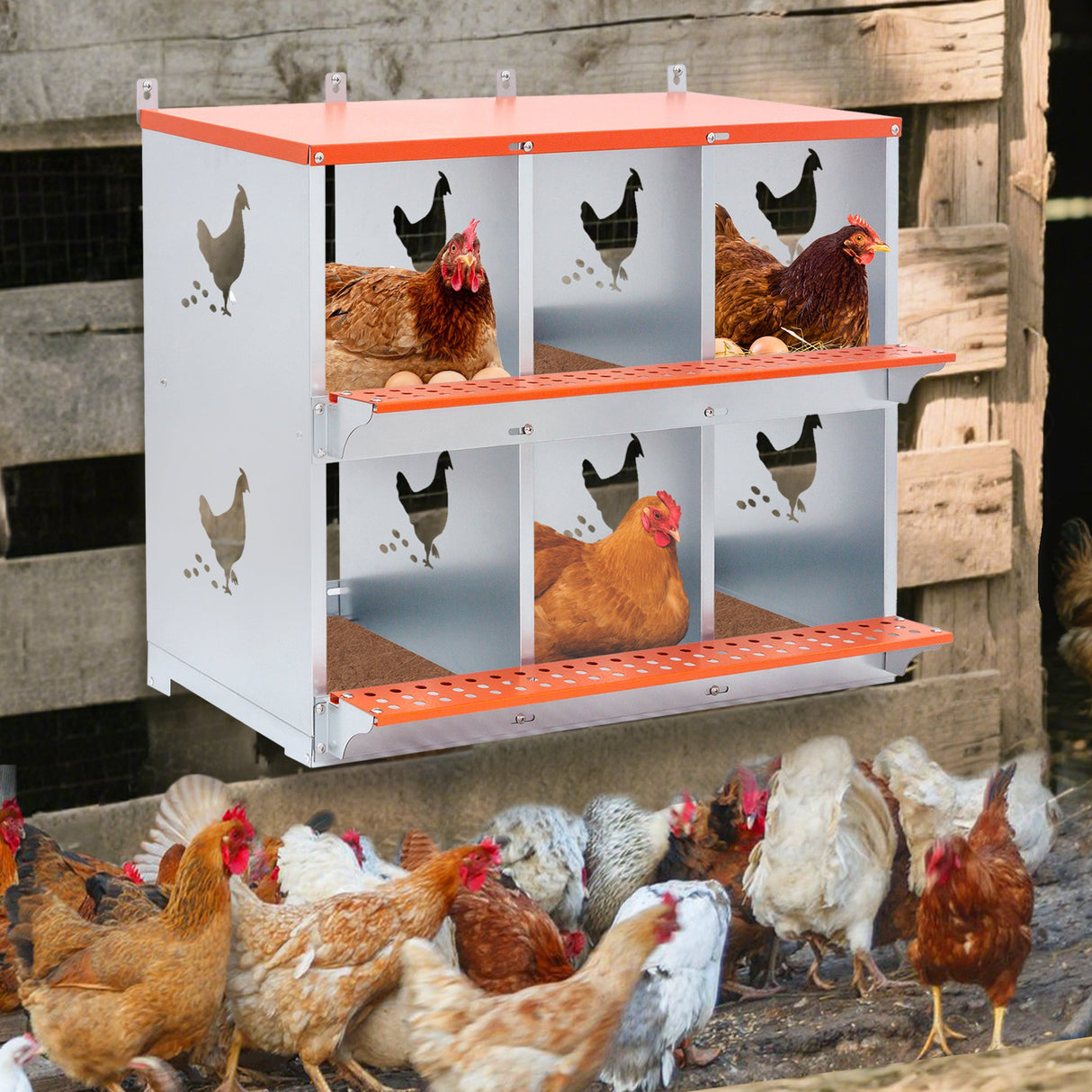 6 - Bay Metal Chicken Nesting Box Wall Mount Easy Egg Collection Vented Galvanized Steel - Orange - Fab Heavy Parts