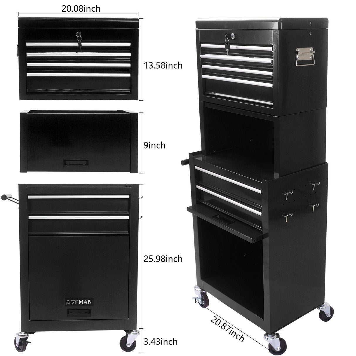 6 - Drawer Tool Storage Cabinet High Capacity Rolling Chest with Wheels and Drawers Black - Fab Heavy Parts
