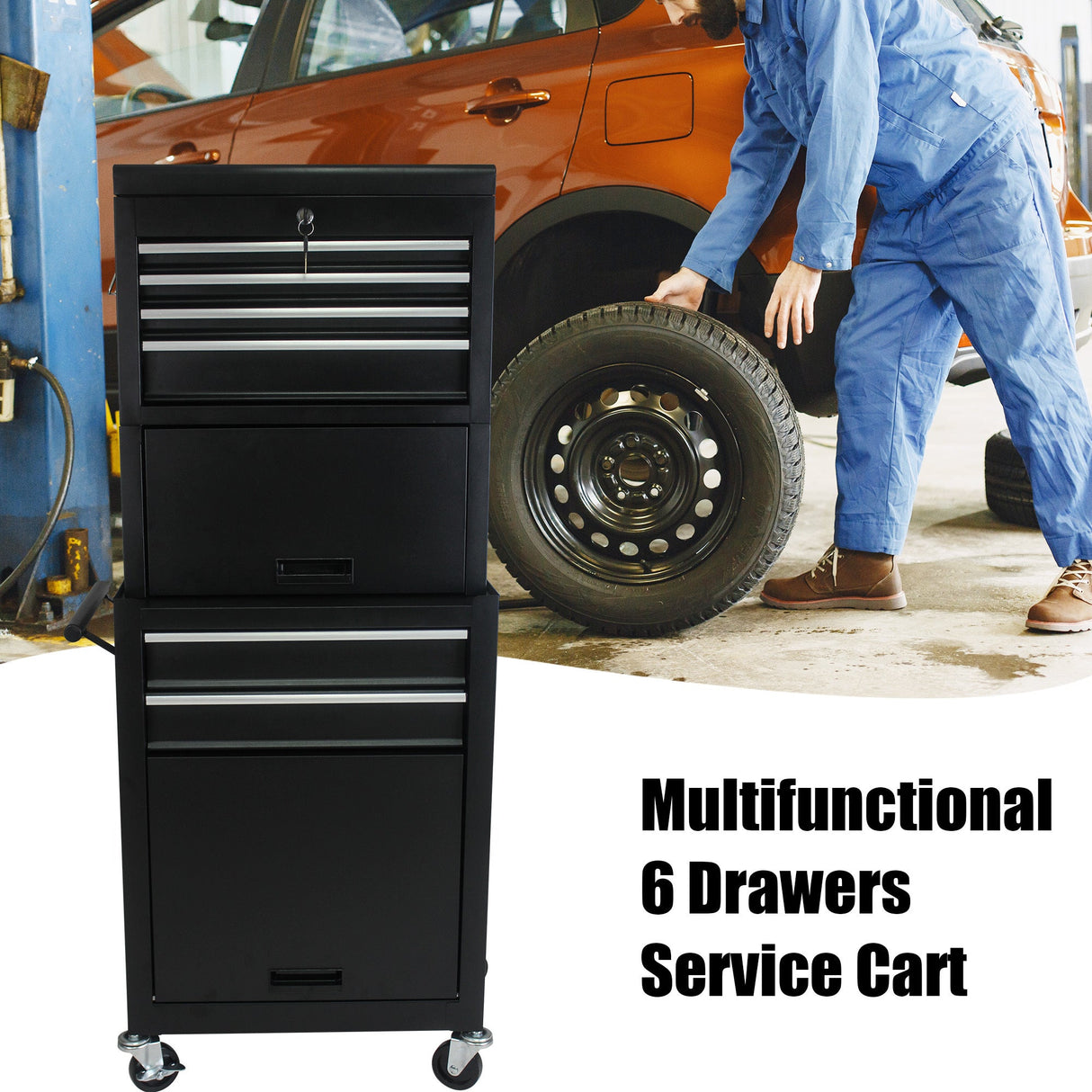 6 - Drawer Tool Storage Cabinet High Capacity Rolling Chest with Wheels and Drawers Black - Fab Heavy Parts