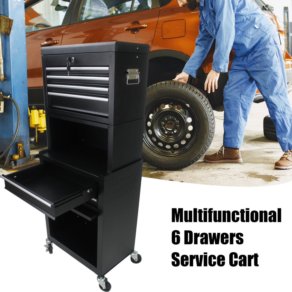 6 - Drawer Tool Storage Cabinet High Capacity Rolling Chest with Wheels and Drawers Black - Fab Heavy Parts