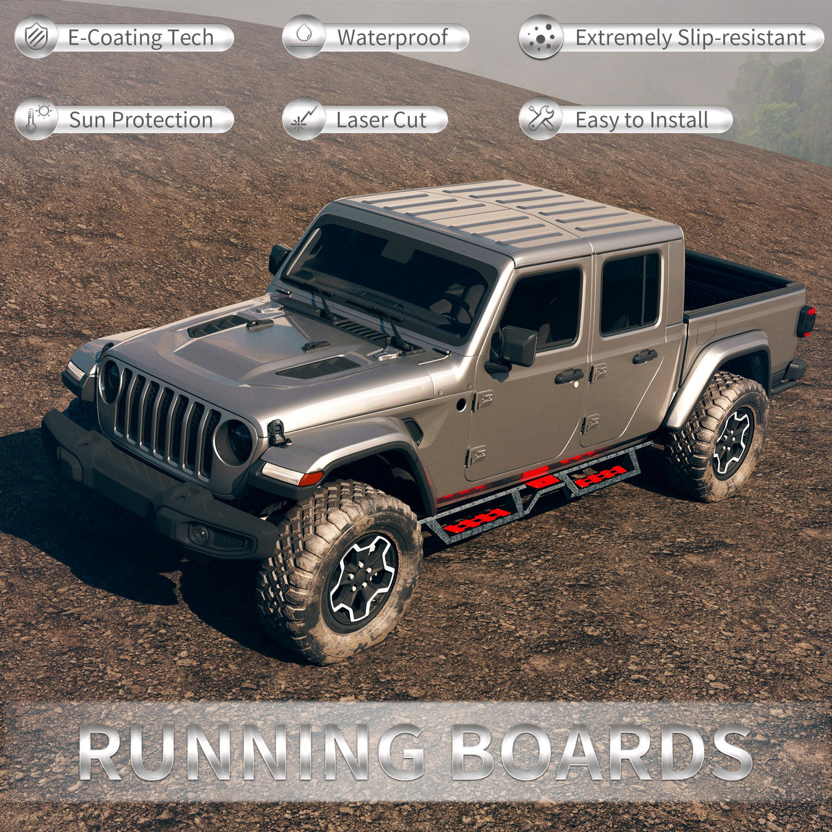 6 Inch Running Boards For 2020 - 2025 Jeep Gladiator JT 4 Door Side Steps - Fab Heavy Parts