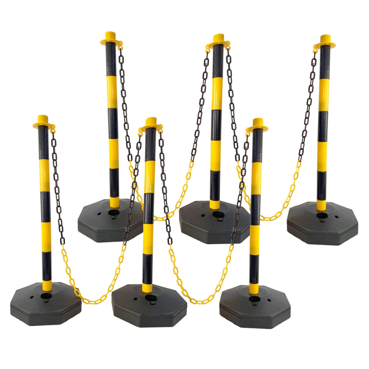 6 Pack Traffic Delineator Post Cones with Fillable Base Adjustable Safety Barrier with 5Ft Plastic Chain - Yellow+Black - Fab Heavy Parts
