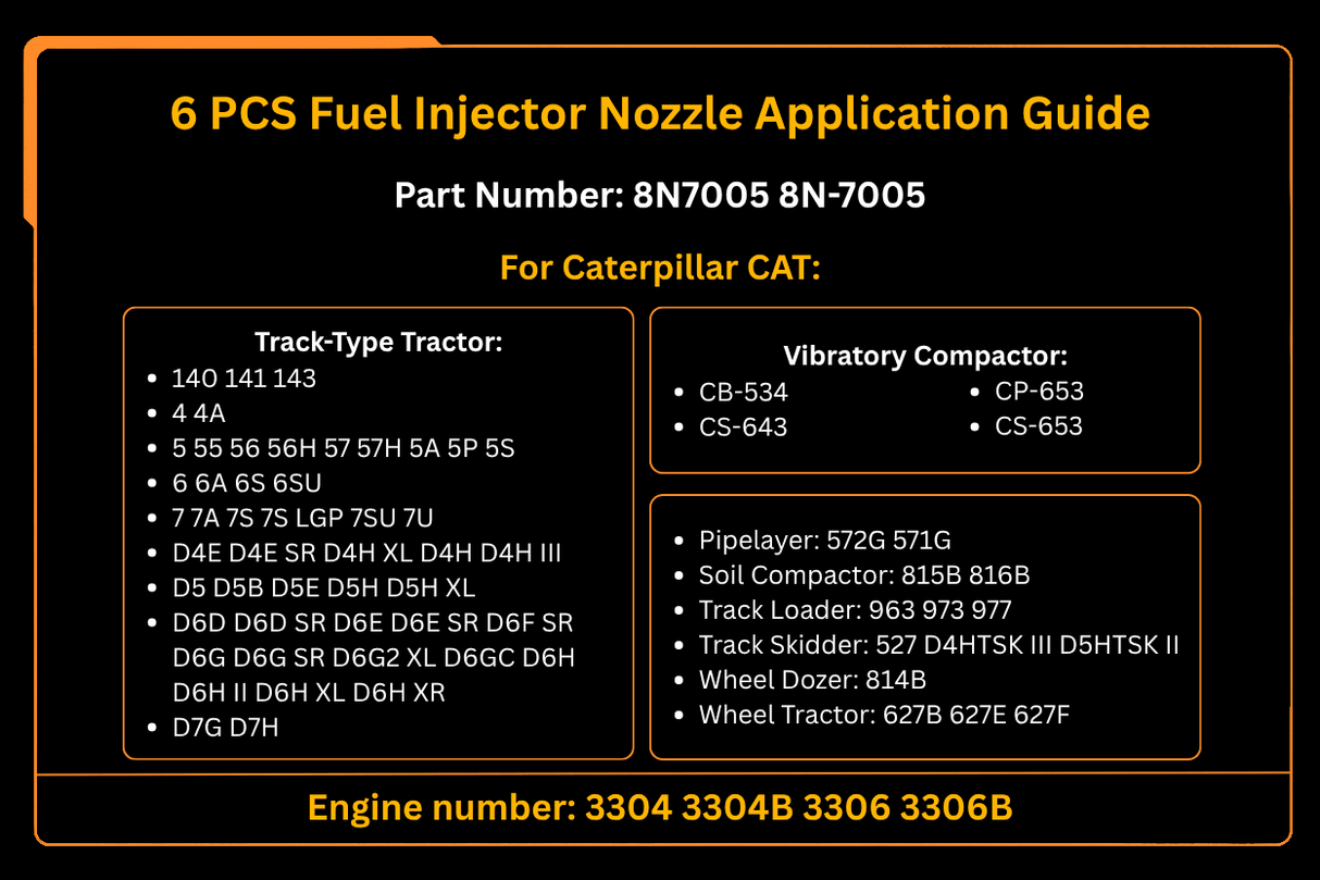 6 PCS Fuel Injector Nozzle Ass'y 8N7005 8N - 7005 Fits for Caterpillar 235 330 350 Excavator D5 D6 Tractor 936 950 Loader - Fab Heavy Parts