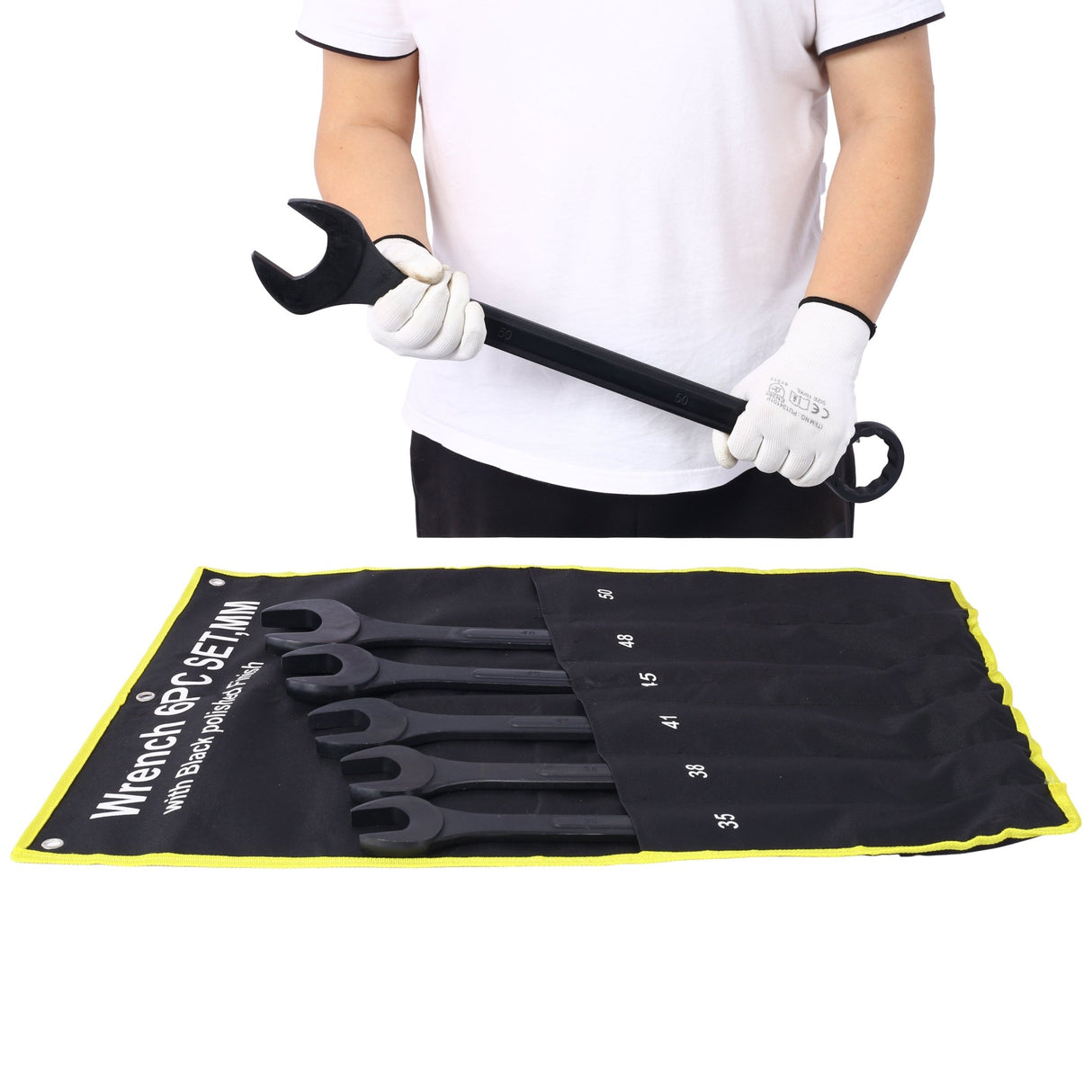 6 PCS Jumbo Combination Wrench Set Extra Large Metric 1 - 3/8'' to 2'' Black Oxide with Pouch - Fab Heavy Parts