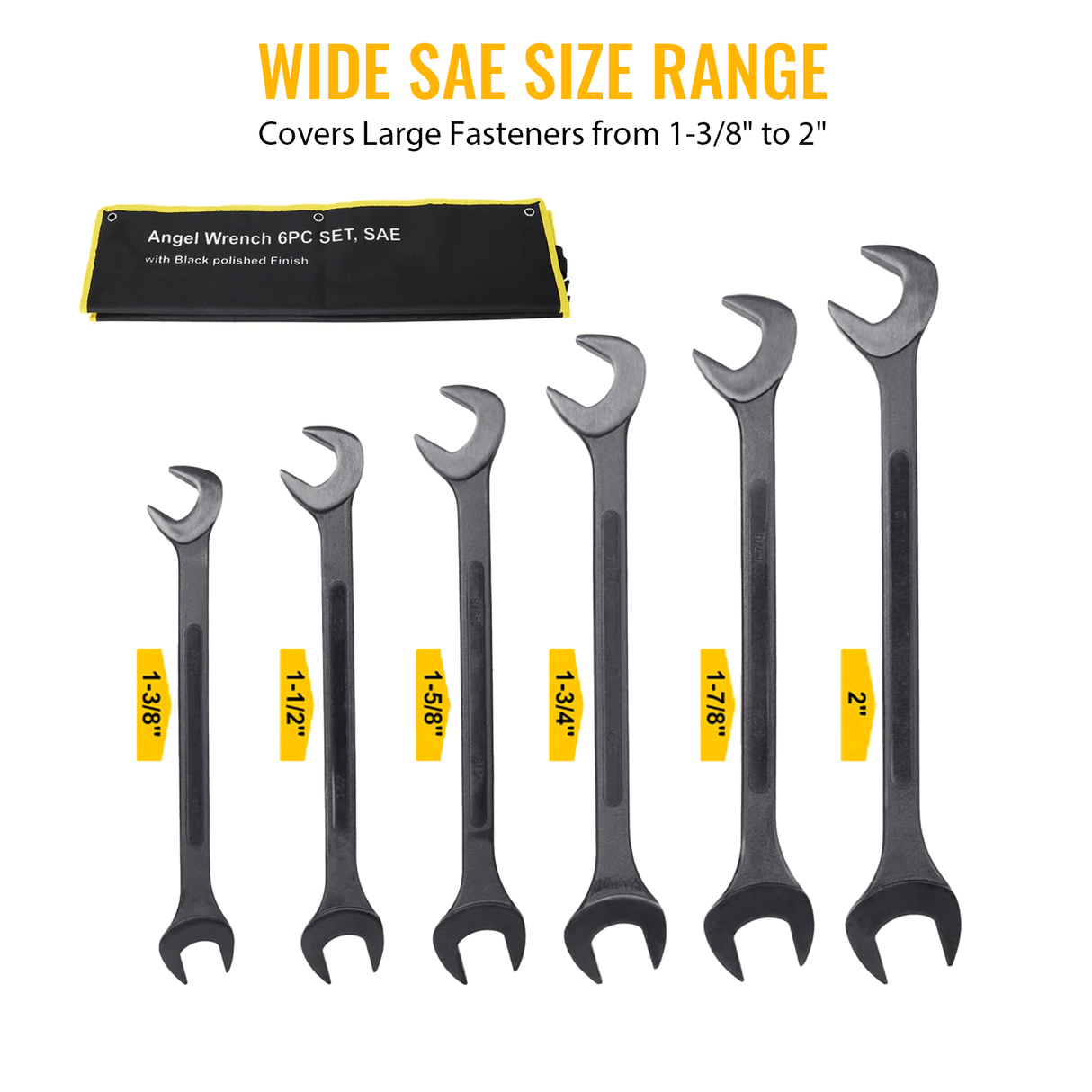 6 PCS SAE Jumbo Combination Angle Wrench Set Extra Large Black-Oxide Jumbo Combo Angle Wrench Set 1-3/8“ - 2” with Pouch - Fab Heavy Parts