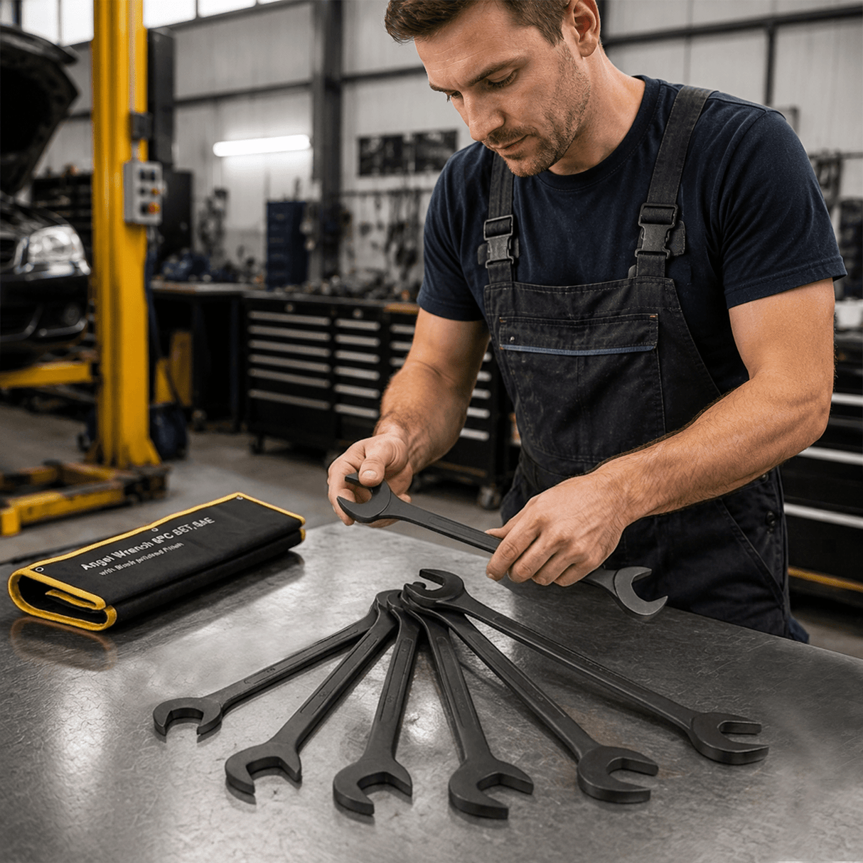 6 PCS SAE Jumbo Combination Angle Wrench Set Extra Large Black-Oxide Jumbo Combo Angle Wrench Set 1-3/8“ - 2” with Pouch - Fab Heavy Parts