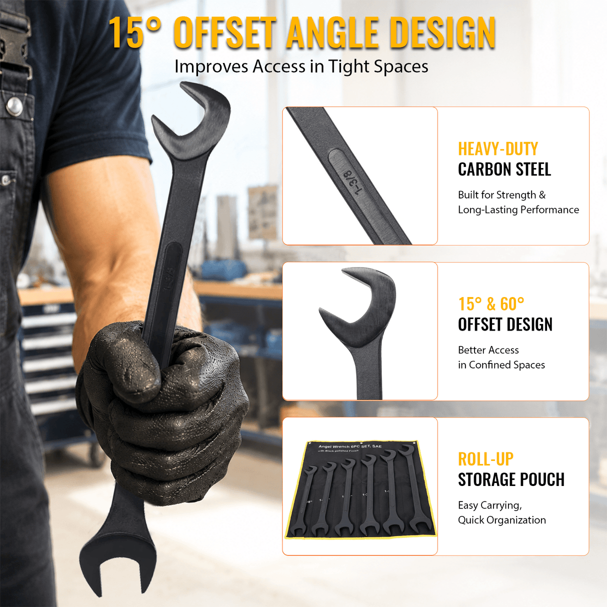 6 PCS SAE Jumbo Combination Angle Wrench Set Extra Large Black-Oxide Jumbo Combo Angle Wrench Set 1-3/8“ - 2” with Pouch - Fab Heavy Parts