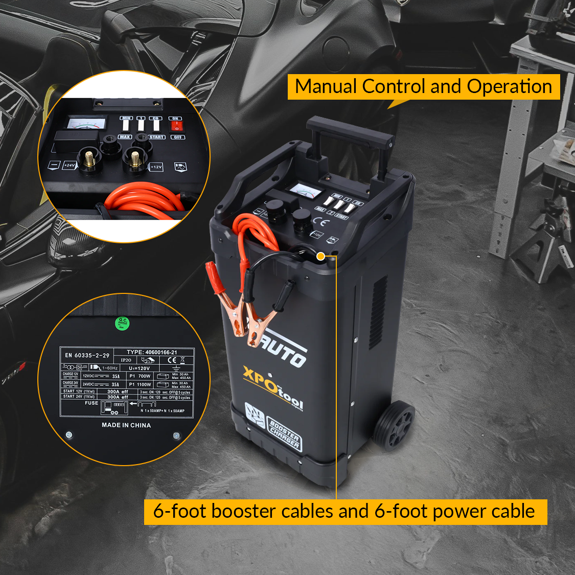 12V & 24V Wheeled Battery Charger Fully Automotive Battery Maintainer Jump Starter Dial Display Telescopic Handle