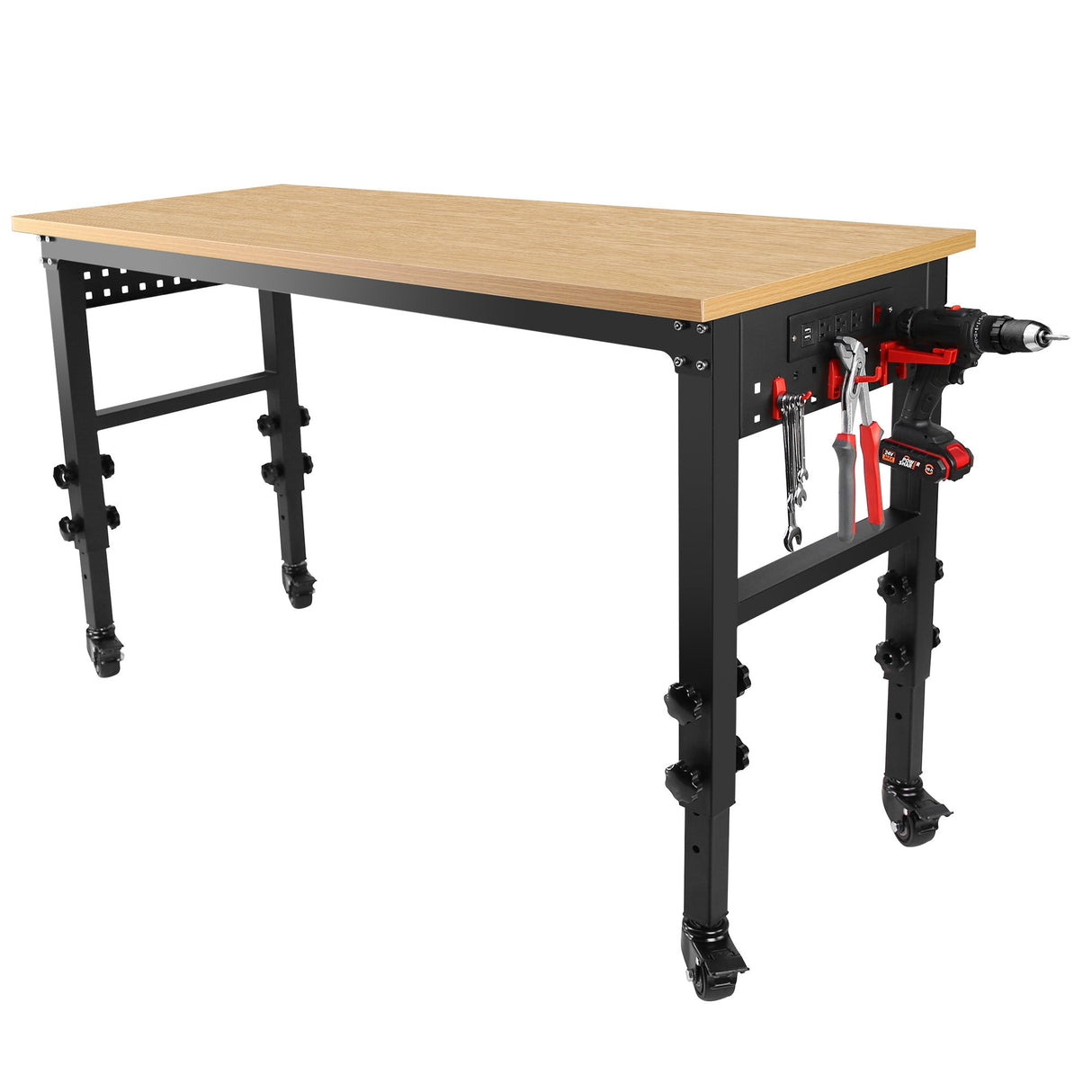 60" ×24'' Adjustable Workbench Heavy - Duty with Power Outlet and Wheels Large Load Capacity Rubber Wood Top - Fab Heavy Parts