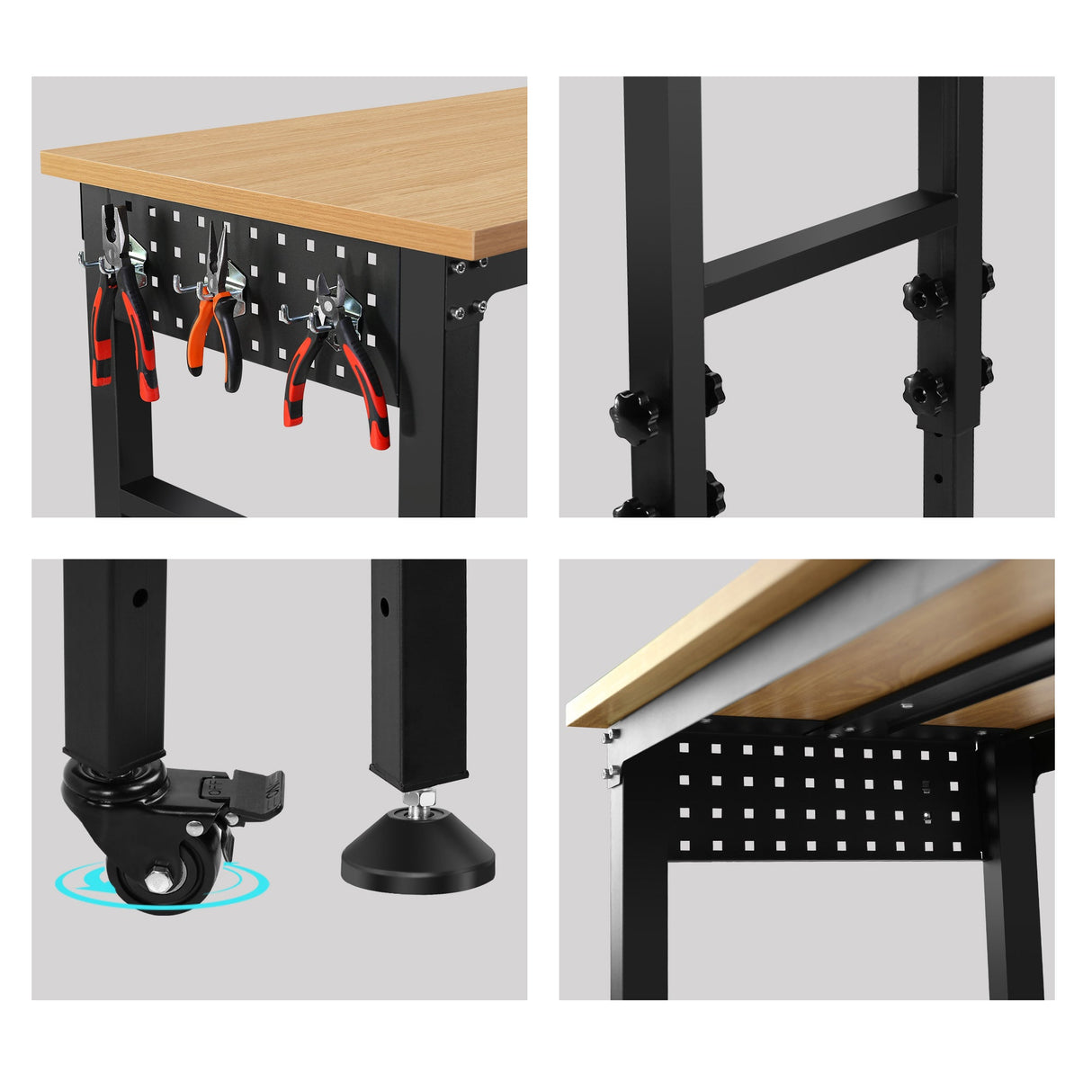 60" ×24'' Adjustable Workbench Heavy - Duty with Power Outlet and Wheels Large Load Capacity Rubber Wood Top - Fab Heavy Parts