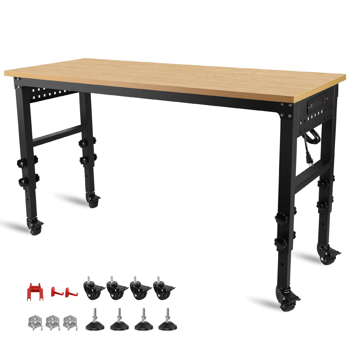 60" ×24'' Adjustable Workbench Heavy - Duty with Power Outlet and Wheels Large Load Capacity Rubber Wood Top - Fab Heavy Parts