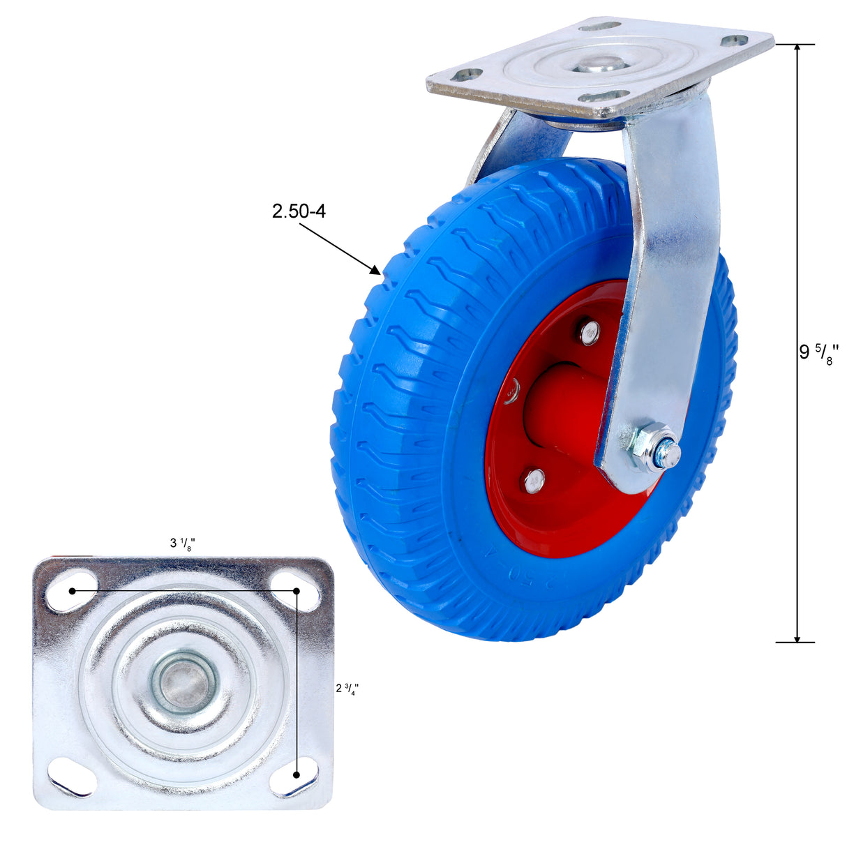 4PCS 8IN Flat Free (2PCS Swivel +2PCS Rigid) Caster Wheel Swivel Plate Steel Hub with Ball Bearings 5/8-Inch Bore Centered Axle Blue