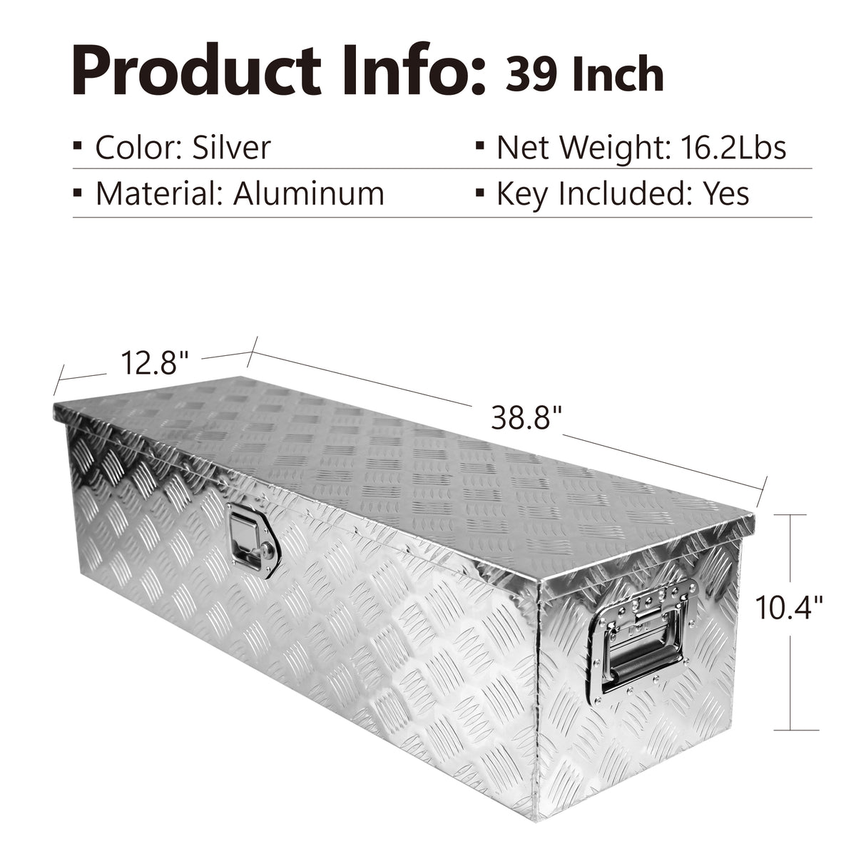 Caja de herramientas larga de aluminio plateado para camión de 38,8 pulgadas con cerradura y asa lateral y 2 llaves 38.8"×12.8"×10.4"