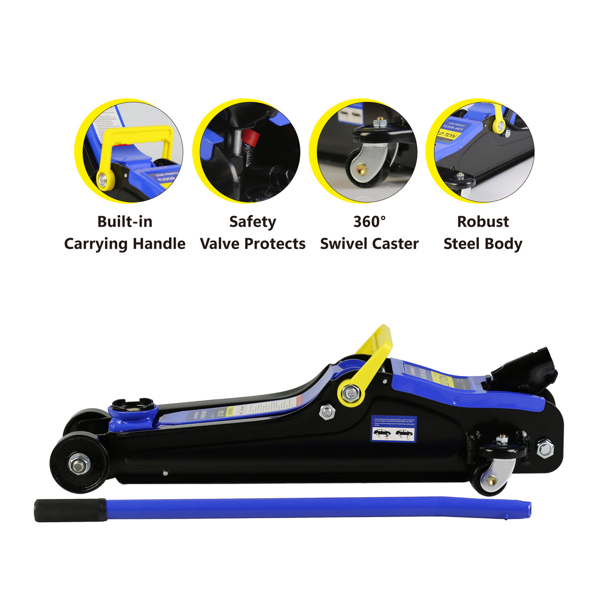 Gato de piso de perfil bajo de 2 toneladas de acero resistente con bomba de elevación rápida de un solo pistón Rango de elevación 3.3"-15.2"