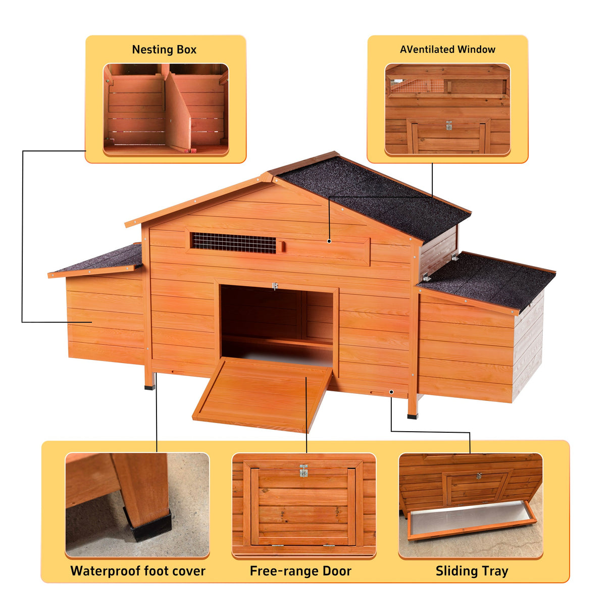 67.7“ Large Wooden Ventilated Chicken Coop with Nesting Box Perch & Pull - Out Tray Waterproof Roof Secure Lock - Fab Heavy Parts