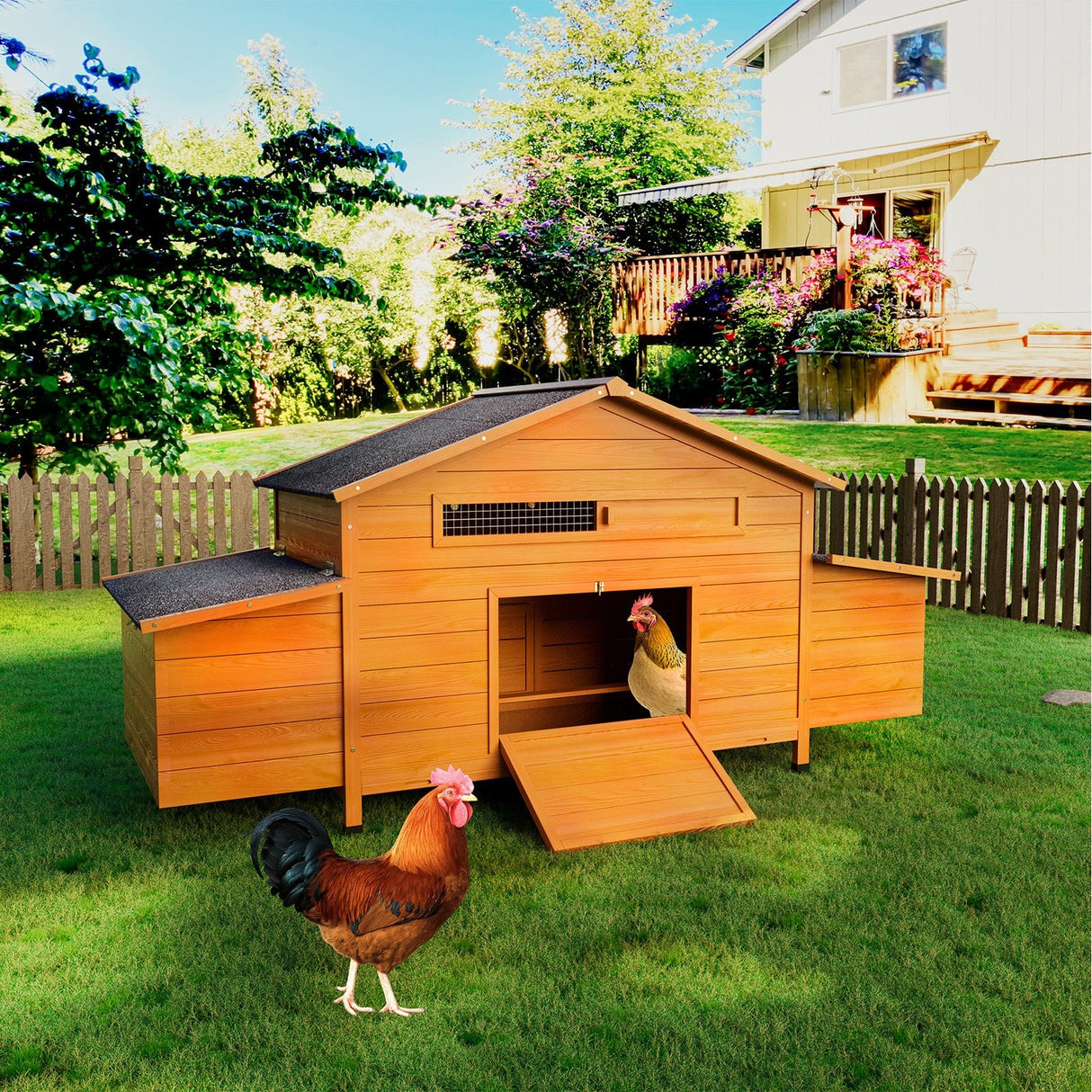 67.7“ Large Wooden Ventilated Chicken Coop with Nesting Box Perch & Pull - Out Tray Waterproof Roof Secure Lock - Fab Heavy Parts