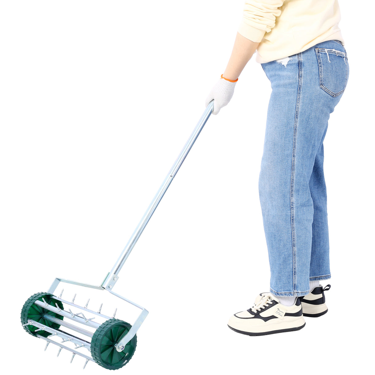 Spike Lawn Aerator Heavy Duty Rotary Push with Steel Handle--Green