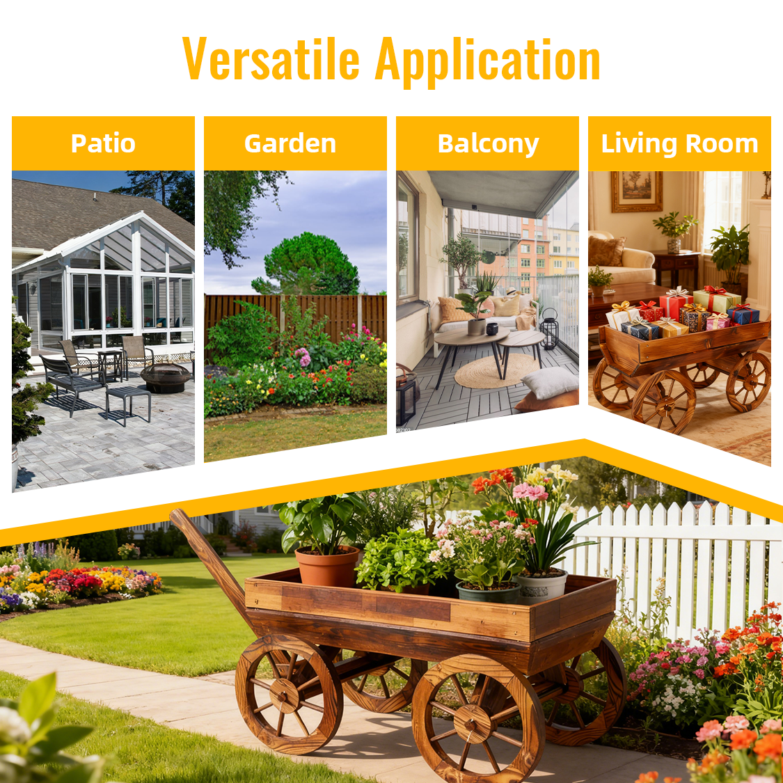 Wood Wagon Flower Planter Pot Stand w/ wheels-茶色