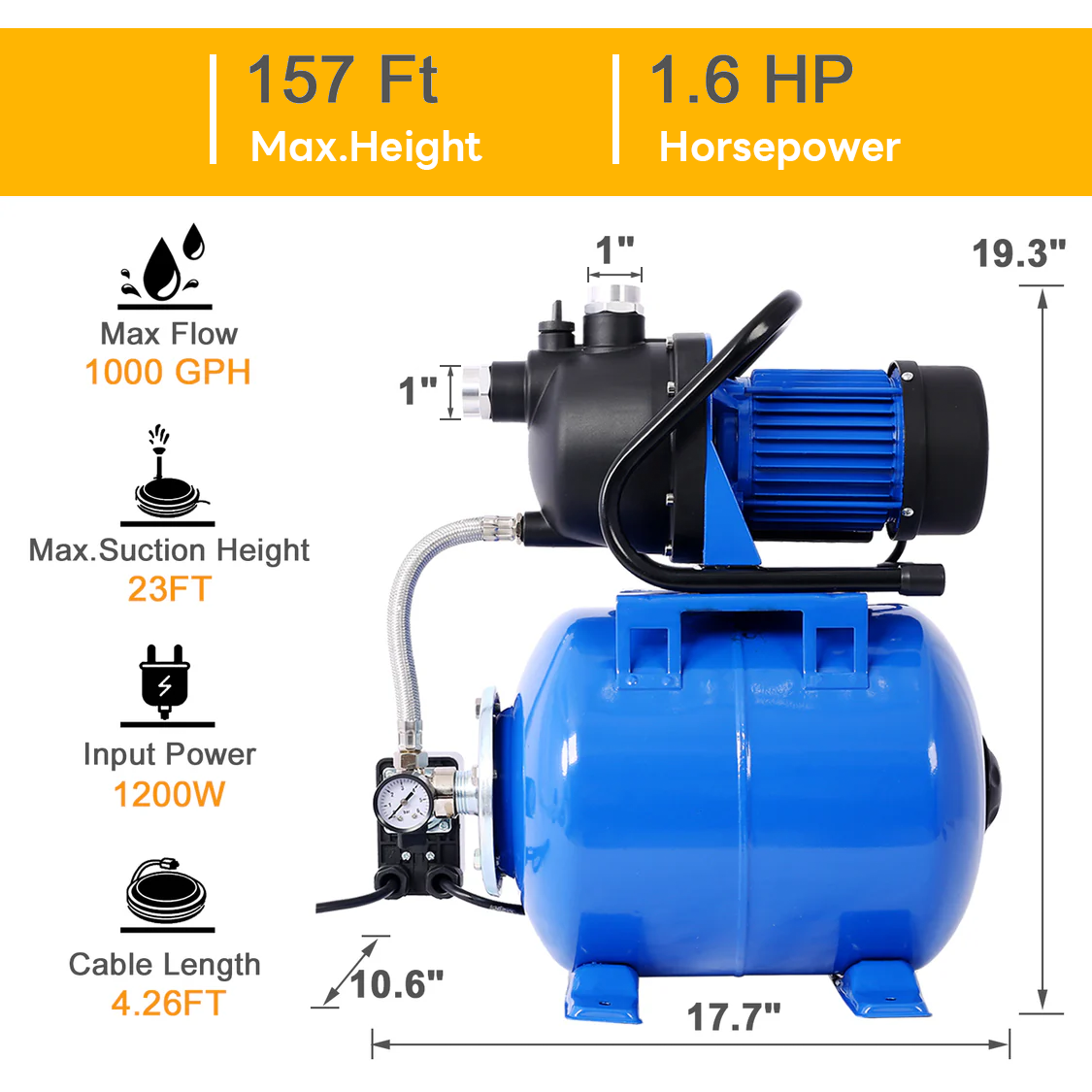 1.6HP Shallow Well Pump with Pressure Tank Automatic Booster Pump--Blue
