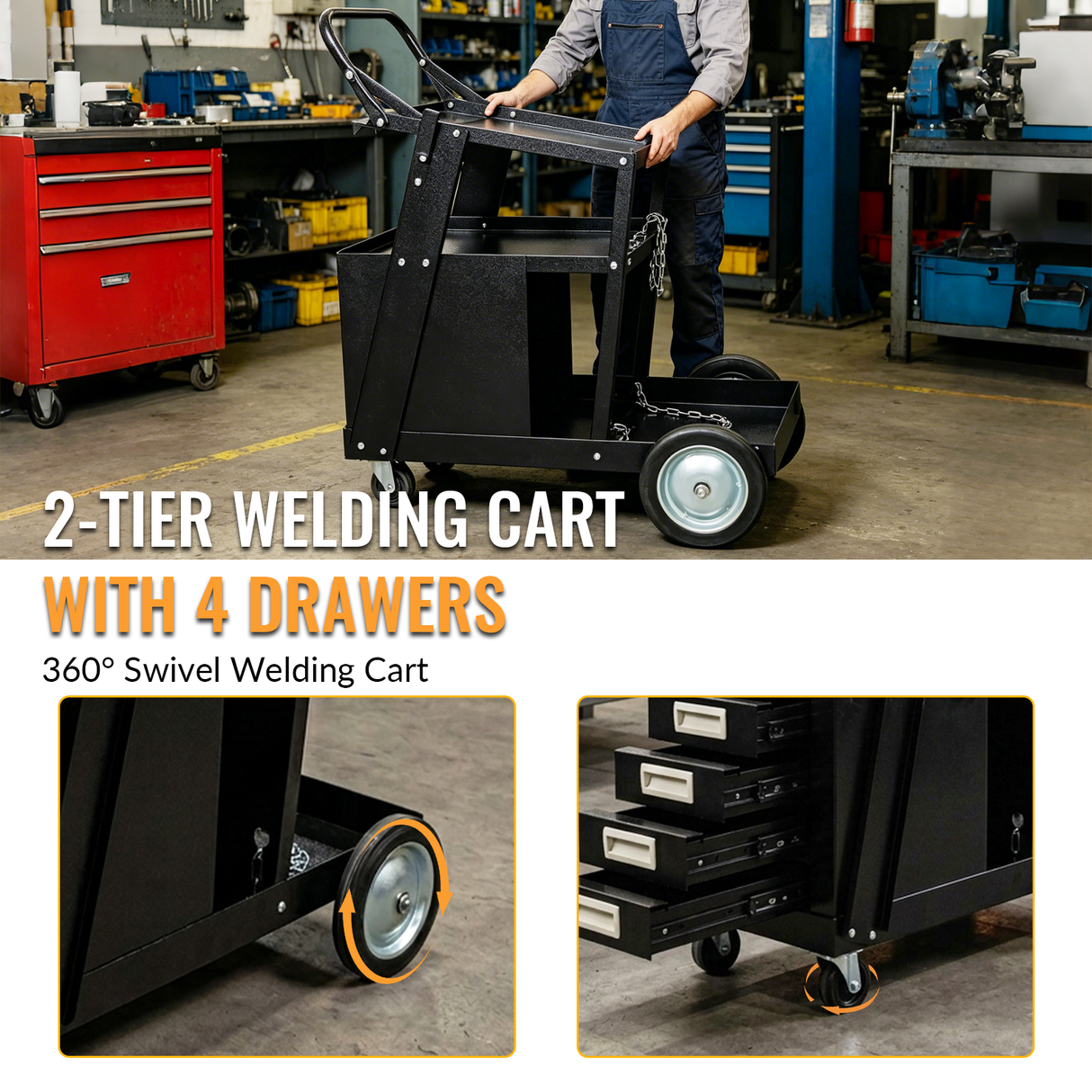 Heavy Duty 2-Tier 4 Drawers Rolling Welding Cart Portable Welder Storage Trolley with Wheels for MIG TIG ARC Welder Plasma Cutter and Welding Accessories