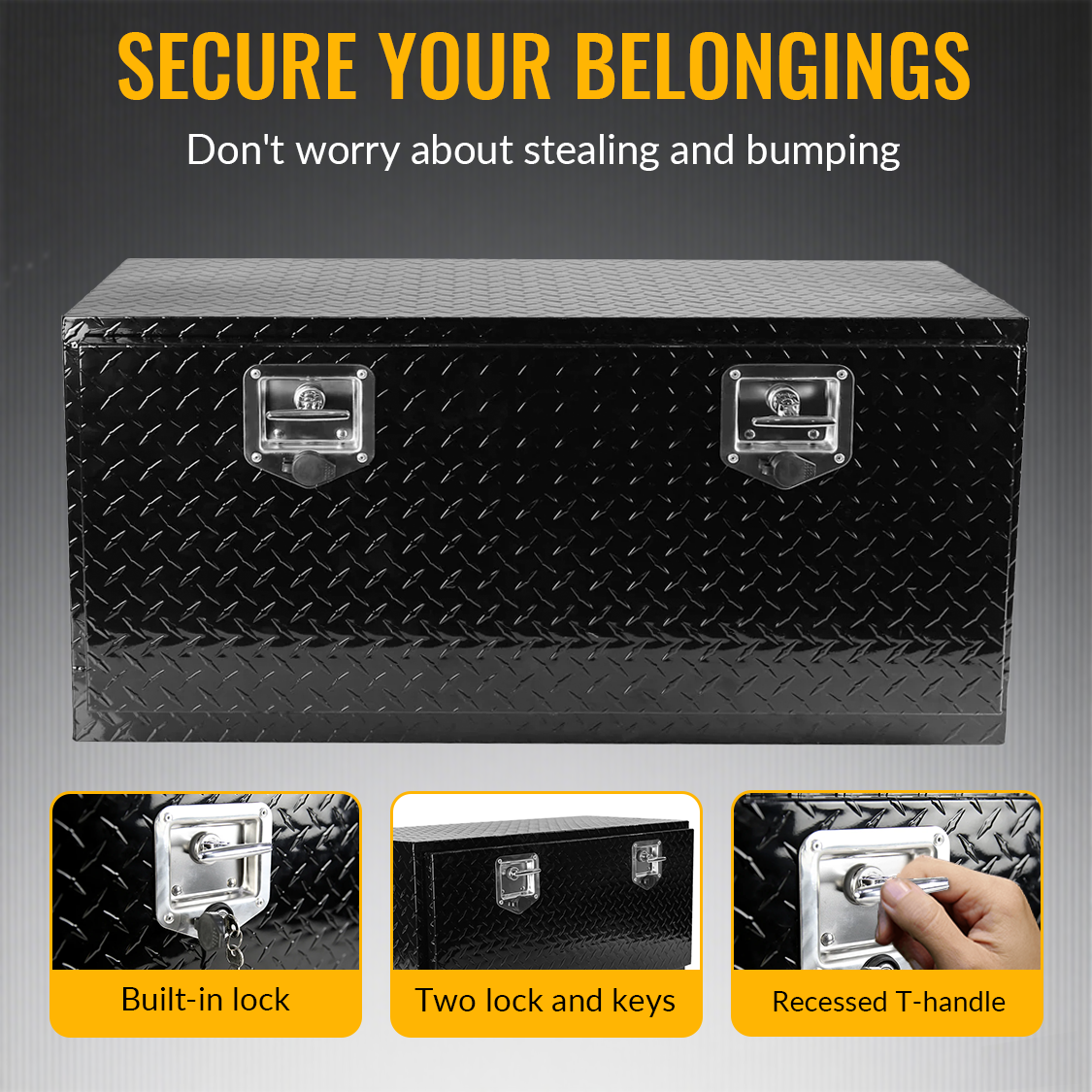 36 Inch Truck Tool Box 36"×17"×18" Heavy Duty Black Aluminum Tread Tool Box with Locks T-Handle Latch Key
