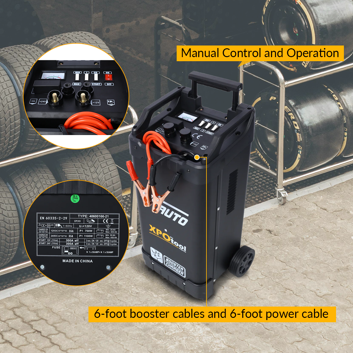 12V & 24V Wheeled Battery Charger Fully Automotive Battery Maintainer Jump Starter Dial Display Telescopic Handle