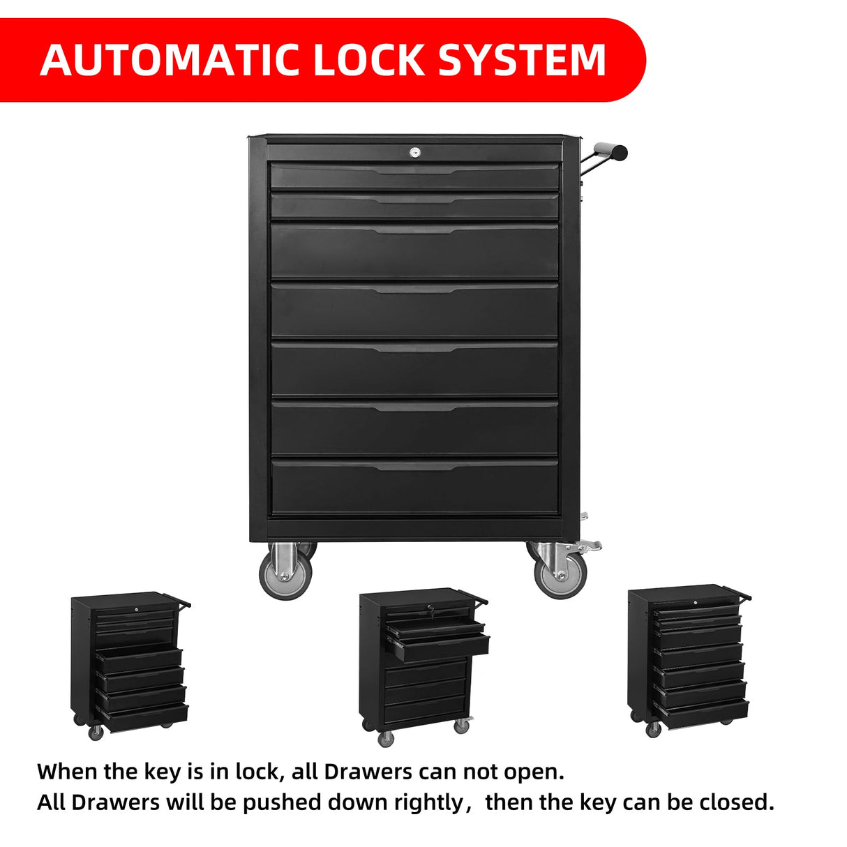7 - Drawer Rolling Tool Chest Cabinet with Wheels and Cylinder Locking 700 Lbs Capacity Metal - Black - Fab Heavy Parts