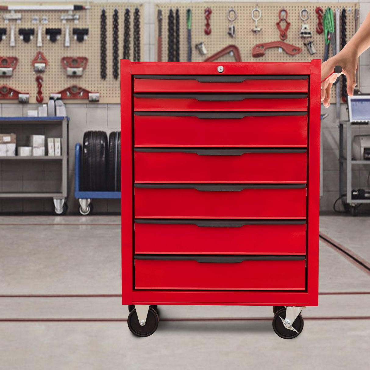 7 - Drawer Rolling Tool Chest Cabinet with Wheels and Cylinder Locking 700 Lbs Capacity Metal - Red - Fab Heavy Parts