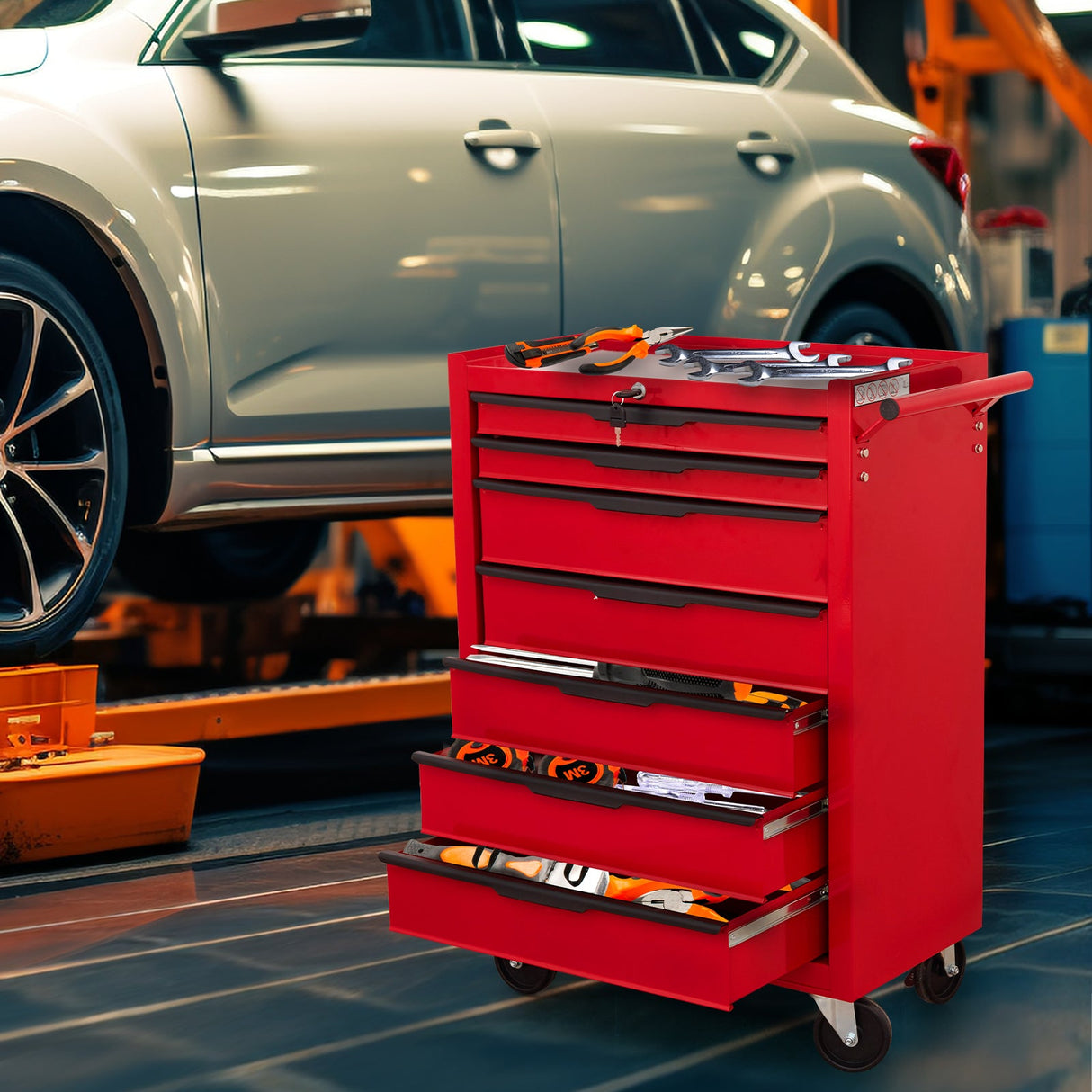 7 - Drawer Rolling Tool Chest Cabinet with Wheels and Cylinder Locking 700 Lbs Capacity Metal - Red - Fab Heavy Parts
