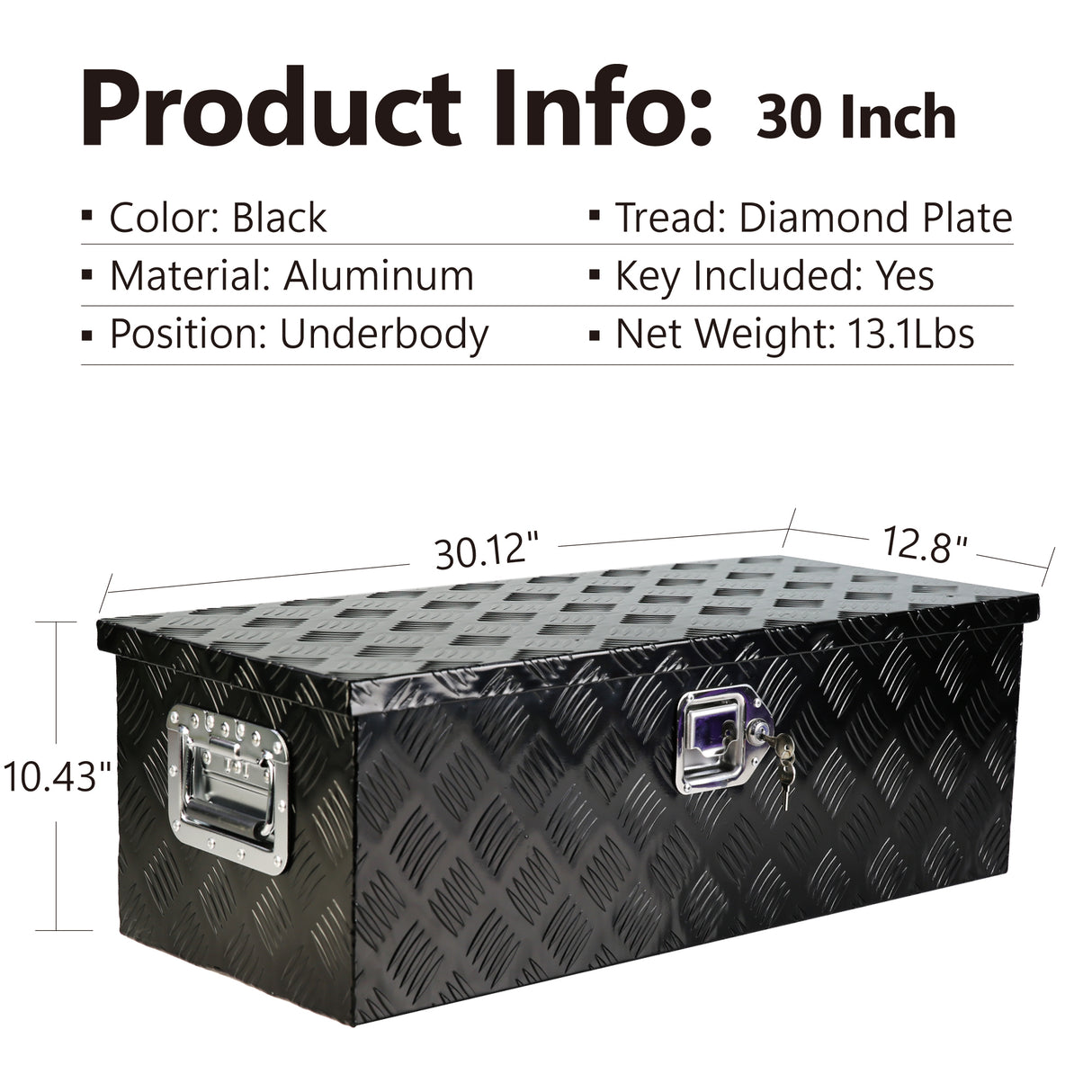 30 Inch Truck Box Heavy Duty Black Aluminum 5 Bar Tread Tool Long Box with Lock Keys 30.1"×12.8"×10.4"