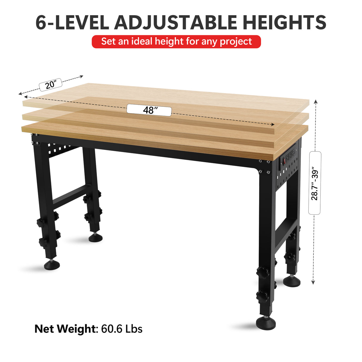 48 "Adjustable Workbench with Power Outlet Heavy Duty Load Capacity Hardwood