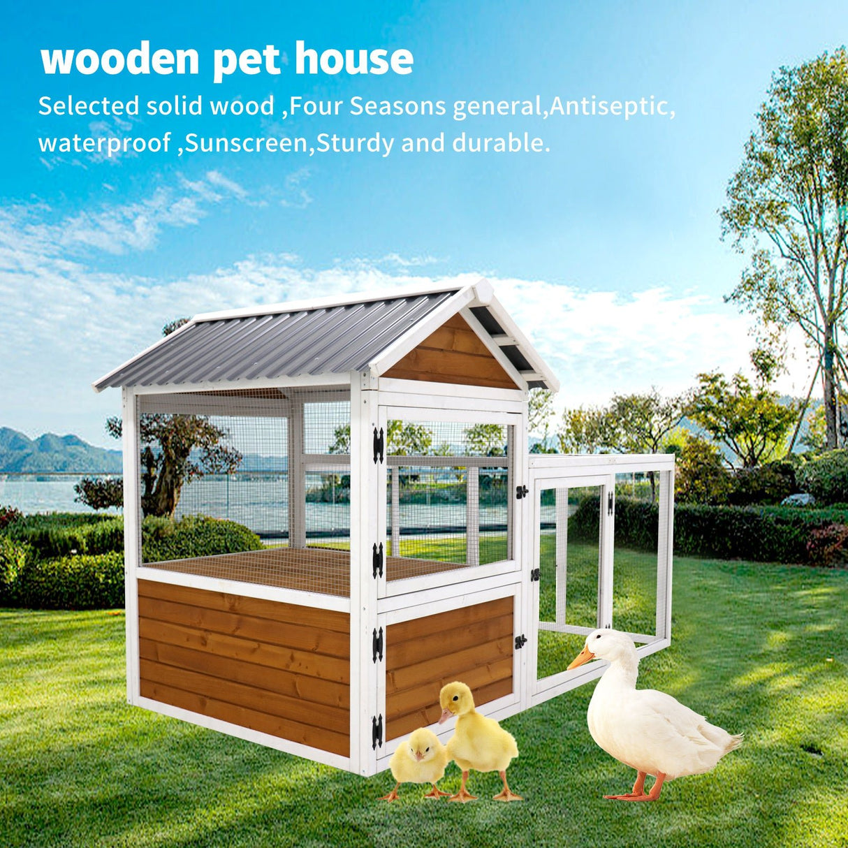 77" Large Wooden Chicken Coop with Nest Box Waterproof PVC Board - Yellow Brown - Fab Heavy Parts