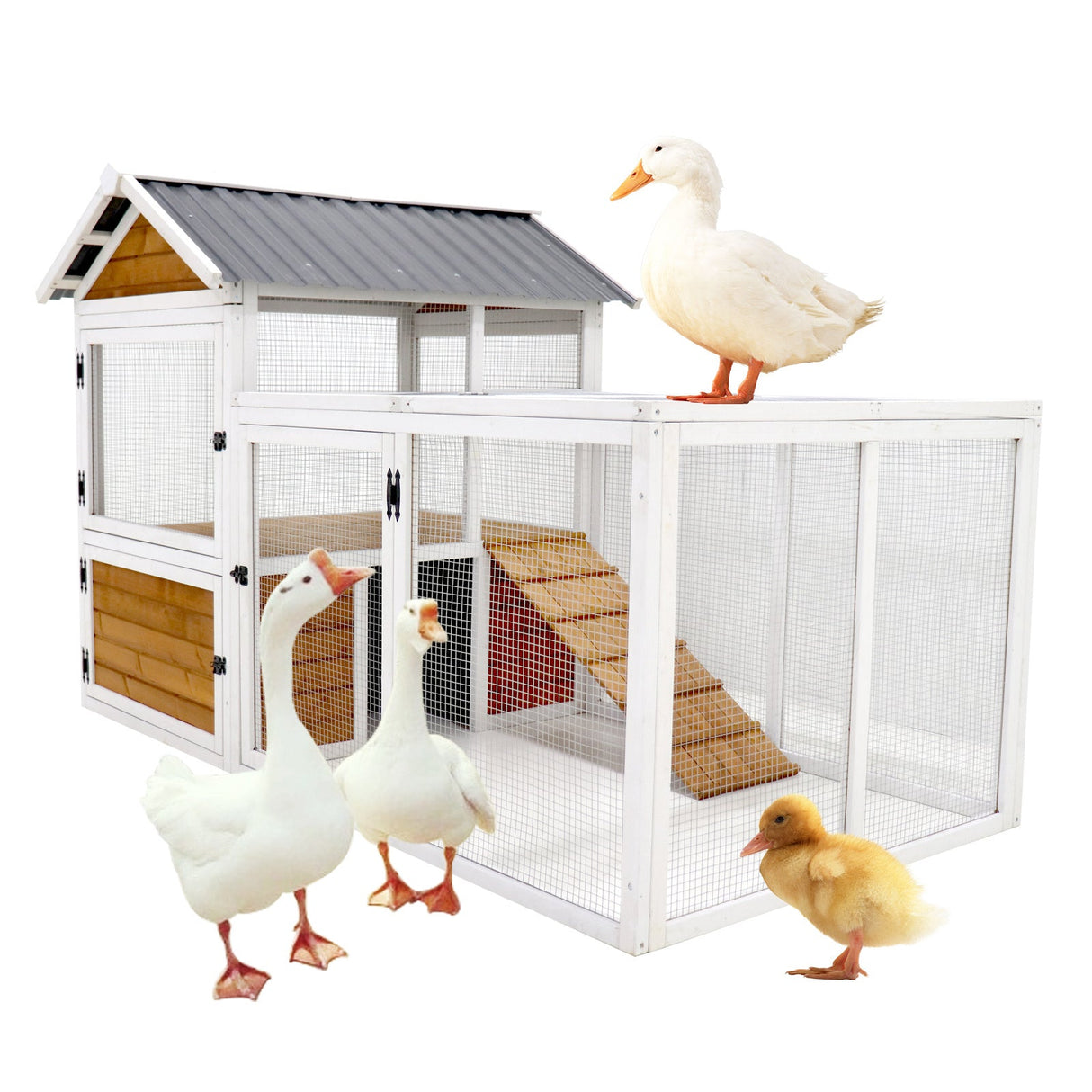 77" Large Wooden Chicken Coop with Nest Box Waterproof PVC Board - Yellow Brown - Fab Heavy Parts
