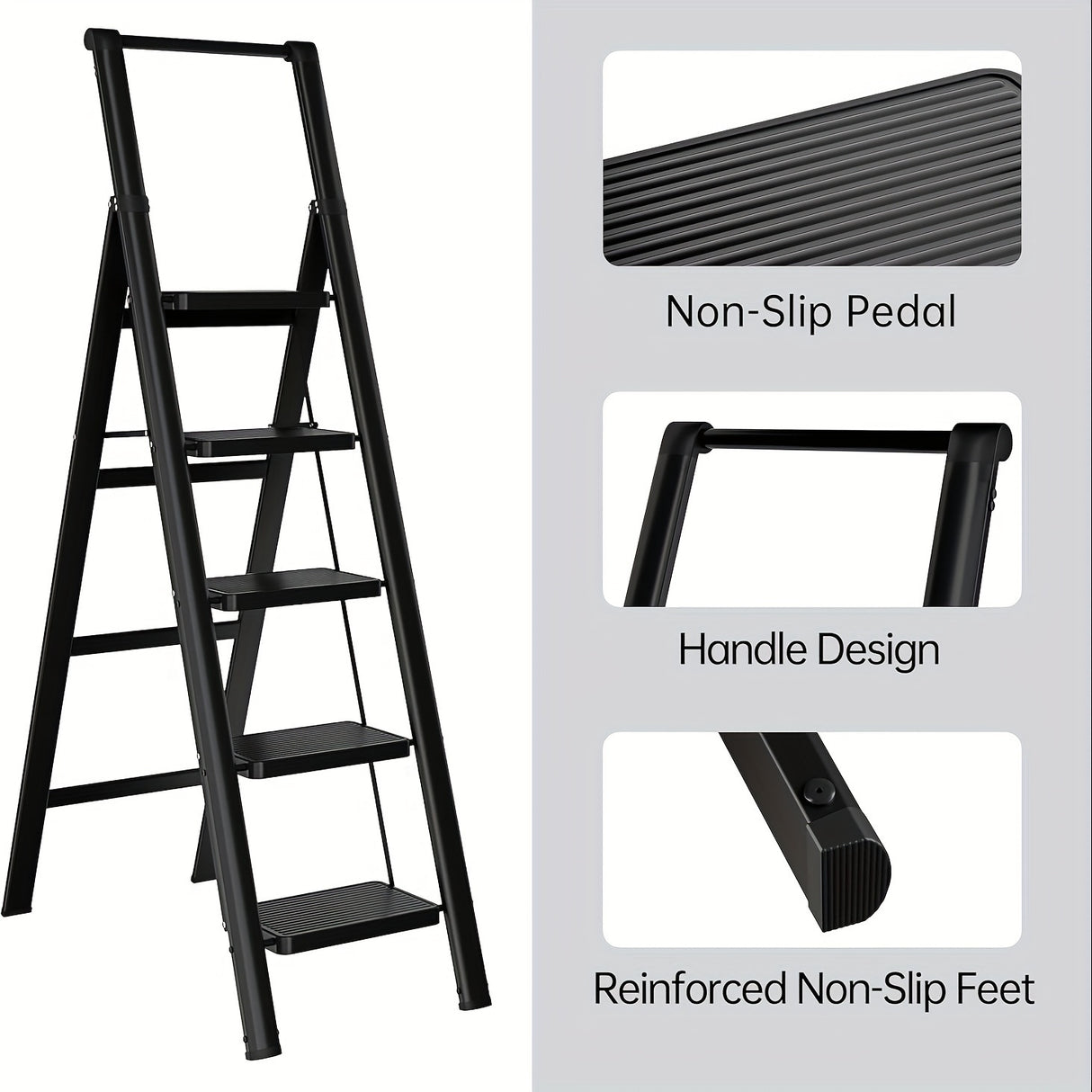 5-Step Ladder Folding Step Stool with Anti Slip Wide Pedals--Black