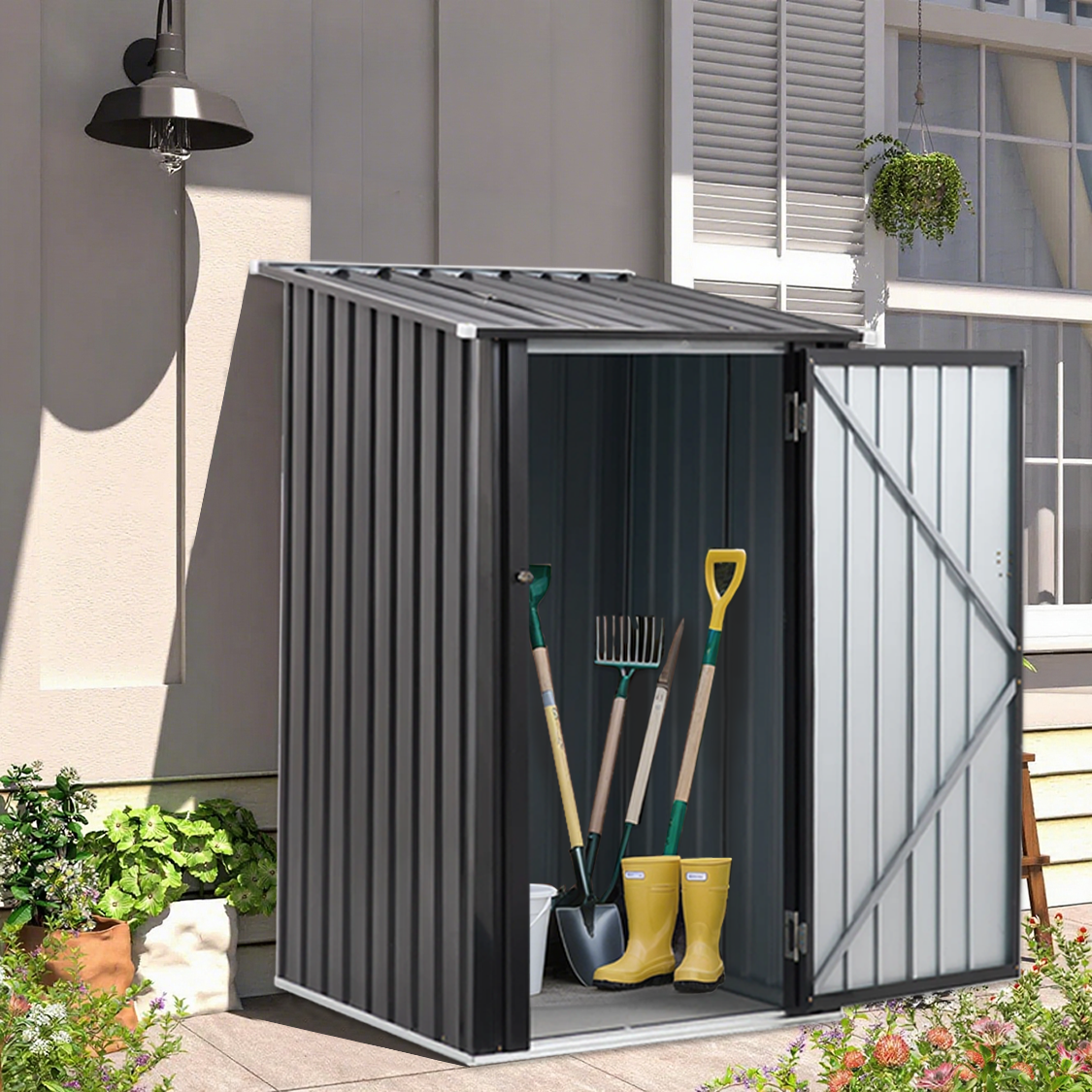 3 x 3 FT Outdoor Storage Shed with Single Lockable Door Metal Steel--Dark Gray