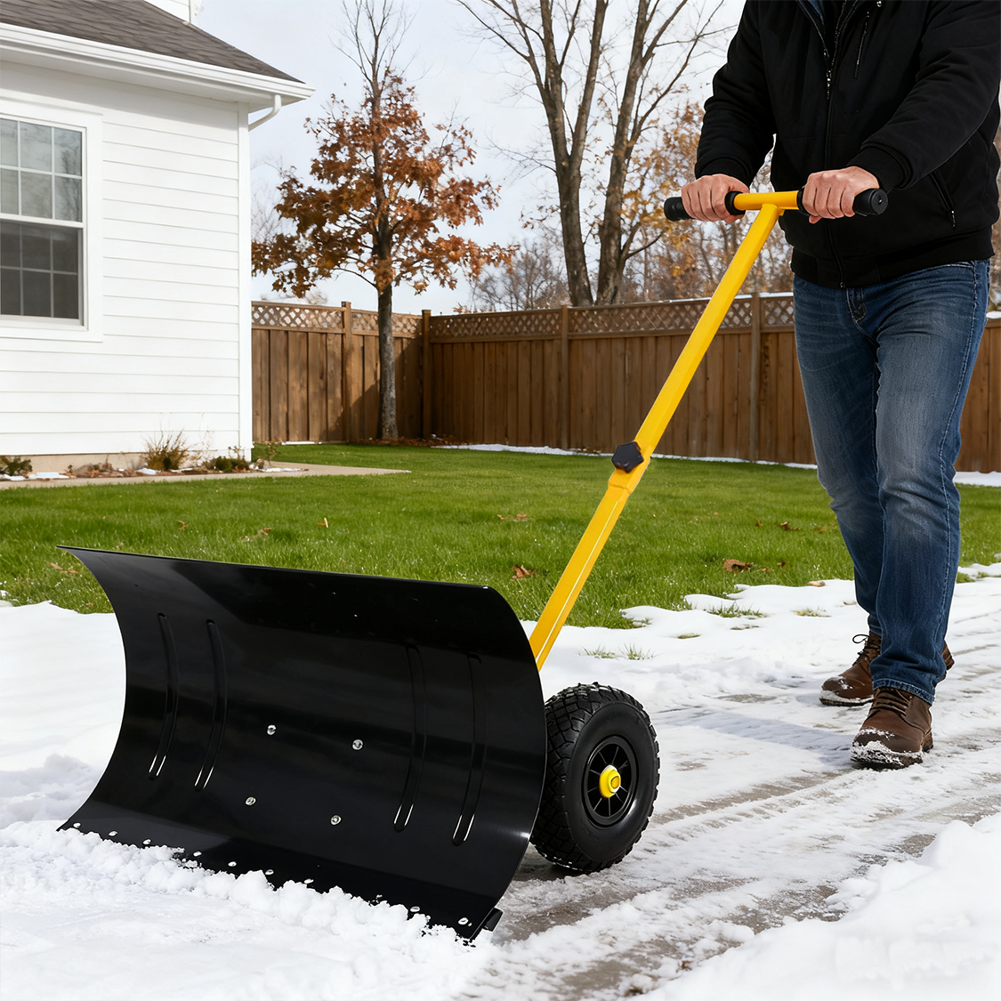 Snow Shovel with Wheels Cushioned Adjustable Angle Handle 29" Blade 10" Wheels--Yellow