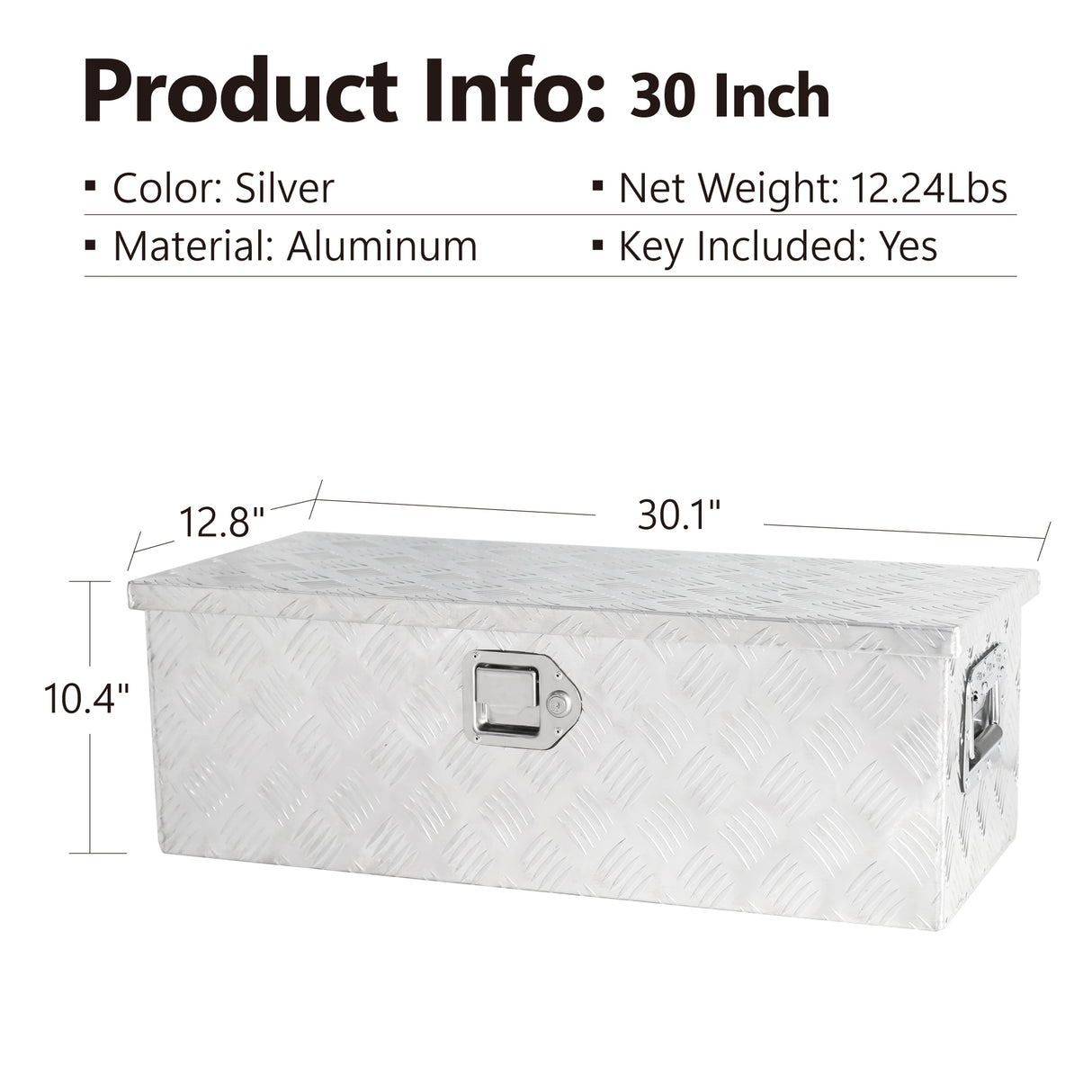 30 Inch Truck Box Heavy Duty Silver Aluminum 5 Bar Tread Tool Long Box with Lock Keys 30.1"×12.8"×10.4"