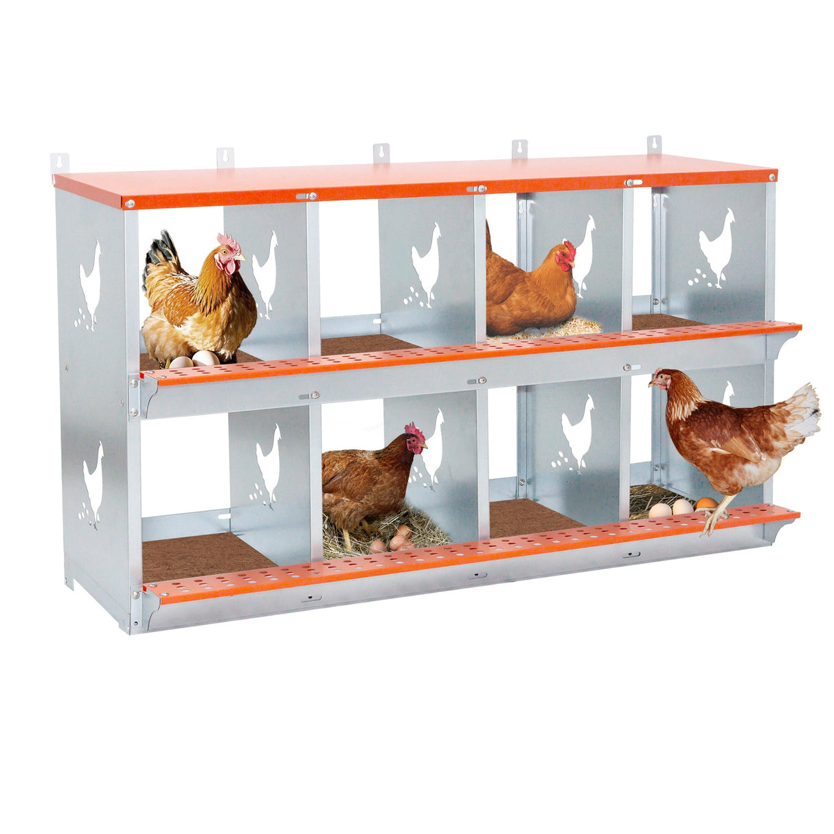 8 - Bay Metal Chicken Nesting Box Wall Mount Easy Egg Collection Vented Galvanized Steel - Orange - Fab Heavy Parts