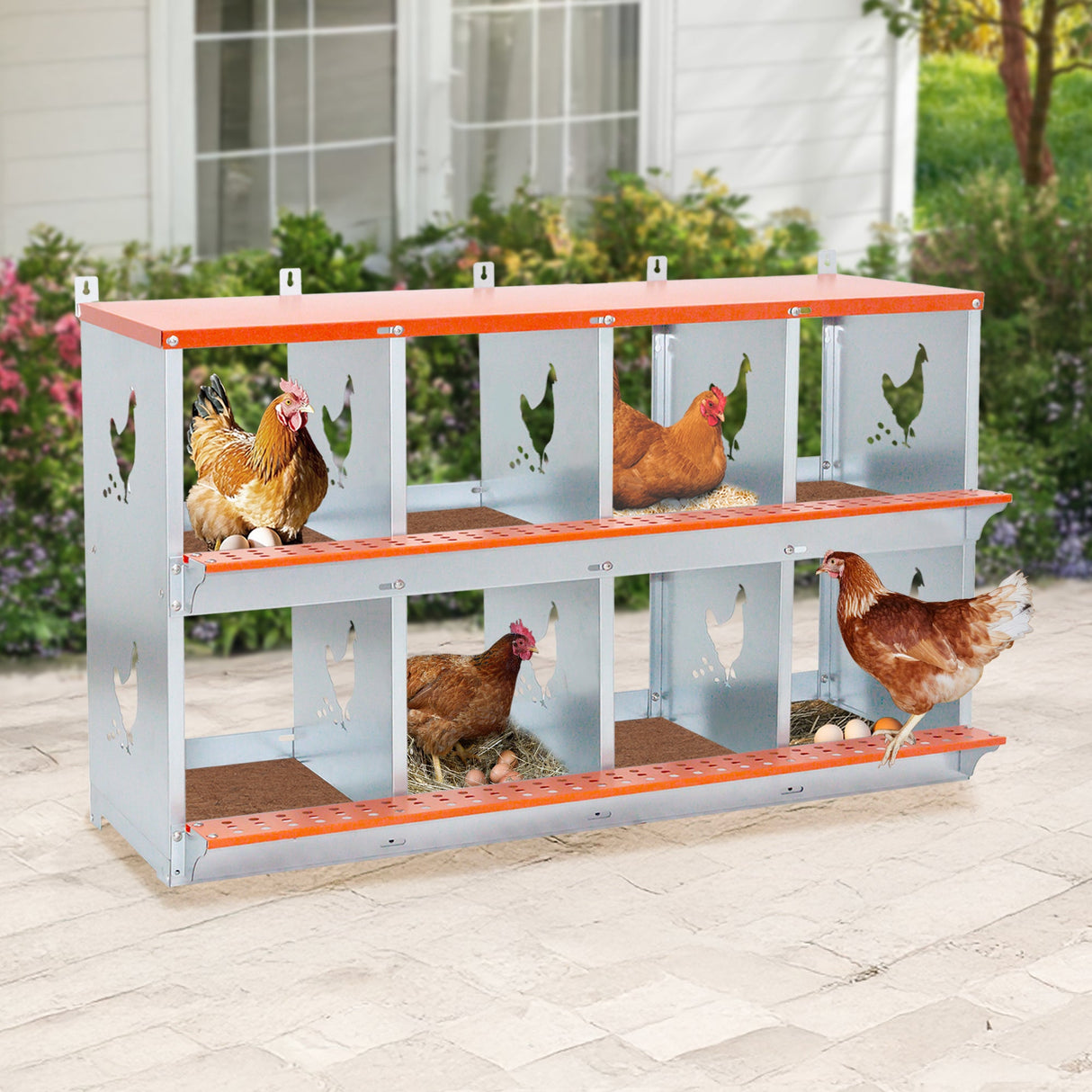 8 - Bay Metal Chicken Nesting Box Wall Mount Easy Egg Collection Vented Galvanized Steel - Orange - Fab Heavy Parts