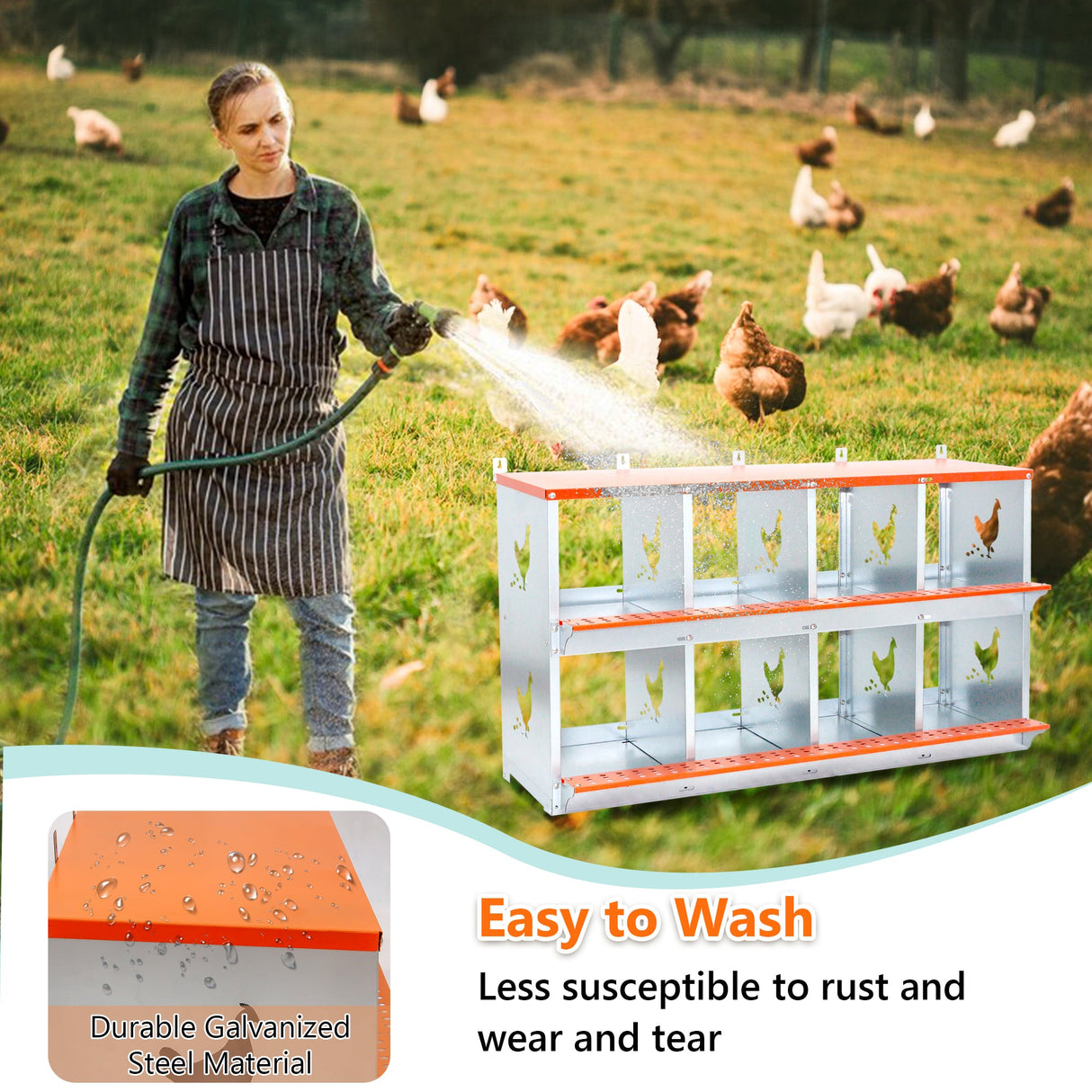 8 - Bay Metal Chicken Nesting Box Wall Mount Easy Egg Collection Vented Galvanized Steel - Orange - Fab Heavy Parts