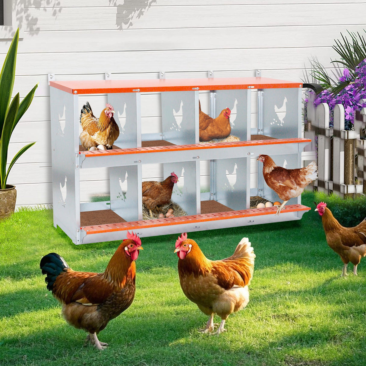 8 - Bay Metal Chicken Nesting Box Wall Mount Easy Egg Collection Vented Galvanized Steel - Orange - Fab Heavy Parts