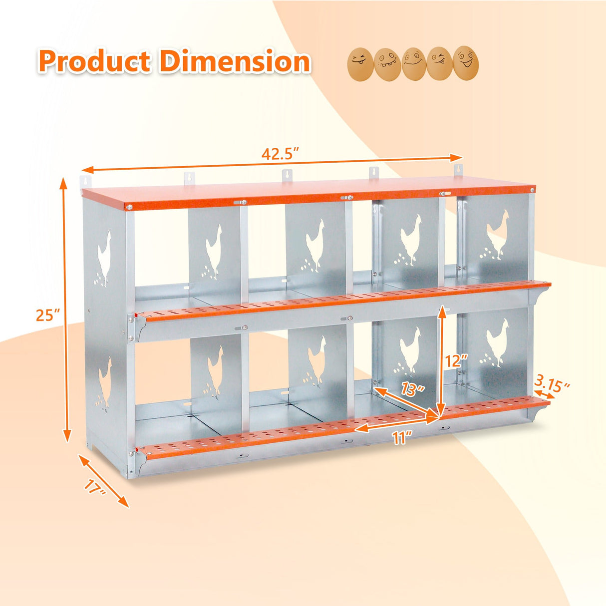 8 - Bay Metal Chicken Nesting Box Wall Mount Easy Egg Collection Vented Galvanized Steel - Orange - Fab Heavy Parts